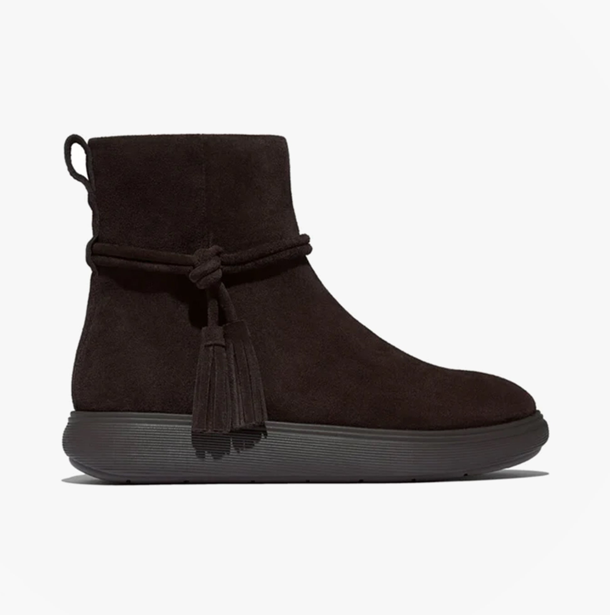 FitFlop iQ-COMFF TASSEL SUEDE Ladies Short Boots Chocolate Brown side view with tassel detailing and EVA sole.