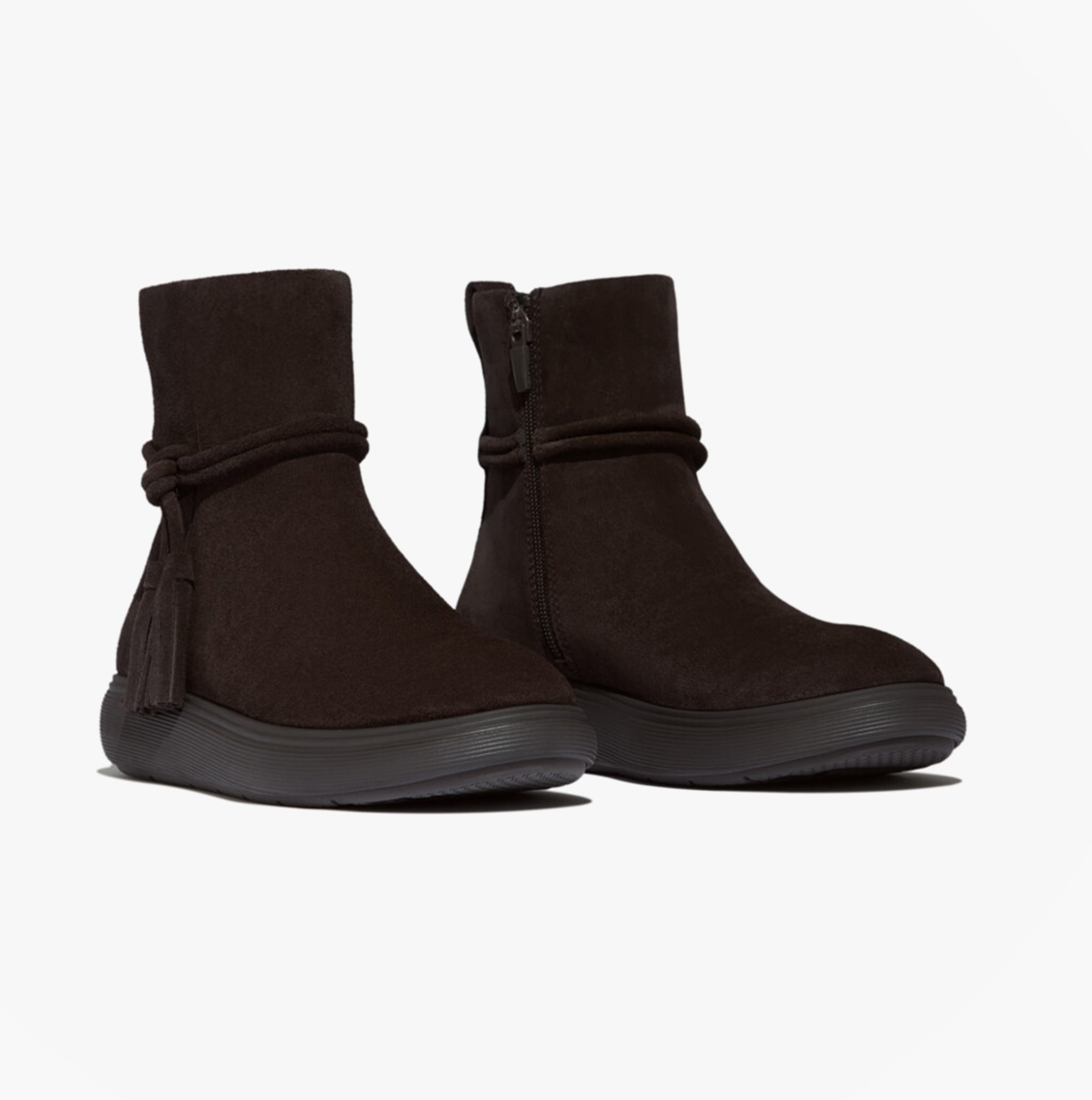 FitFlop iQ-COMFF TASSEL SUEDE Ladies Short Boots Chocolate Brown side view with zipper and tassel detail.