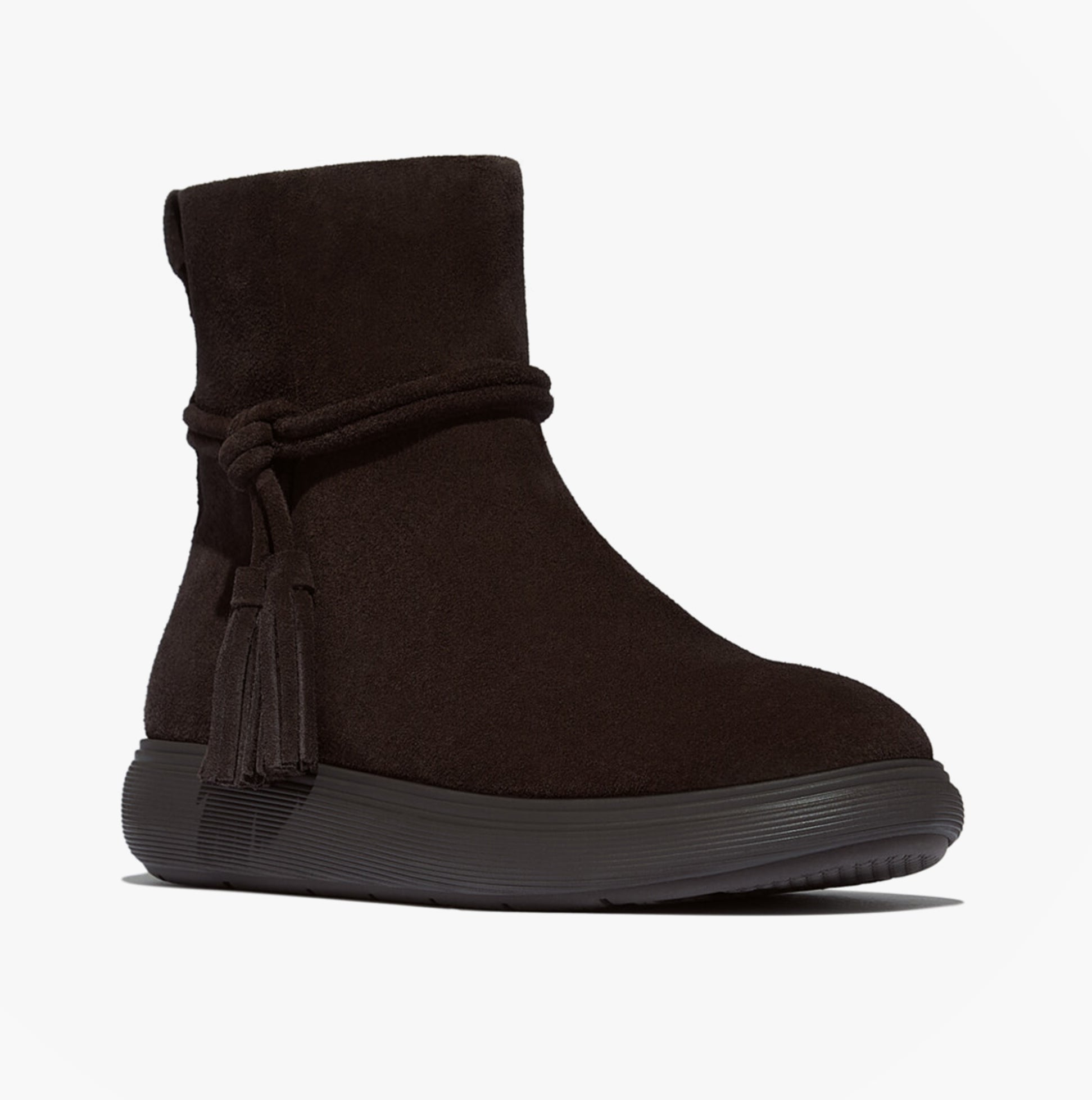 FitFlop iQ-COMFF TASSEL SUEDE Ladies Short Boots Chocolate Brown side view showcasing stylish design and comfort features.