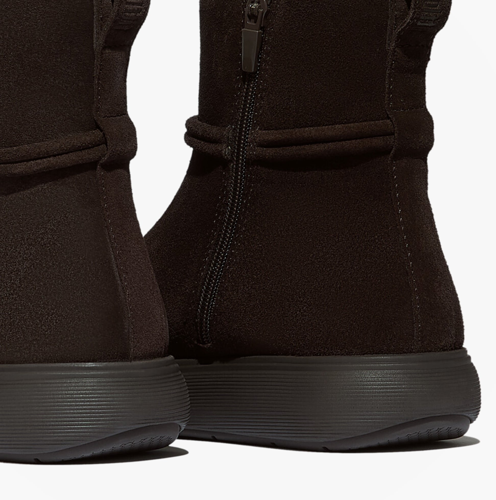 FitFlop iQ-COMFF TASSEL SUEDE Ladies Short Boots Chocolate Brown rear view, highlighting suede finish and zip closure.