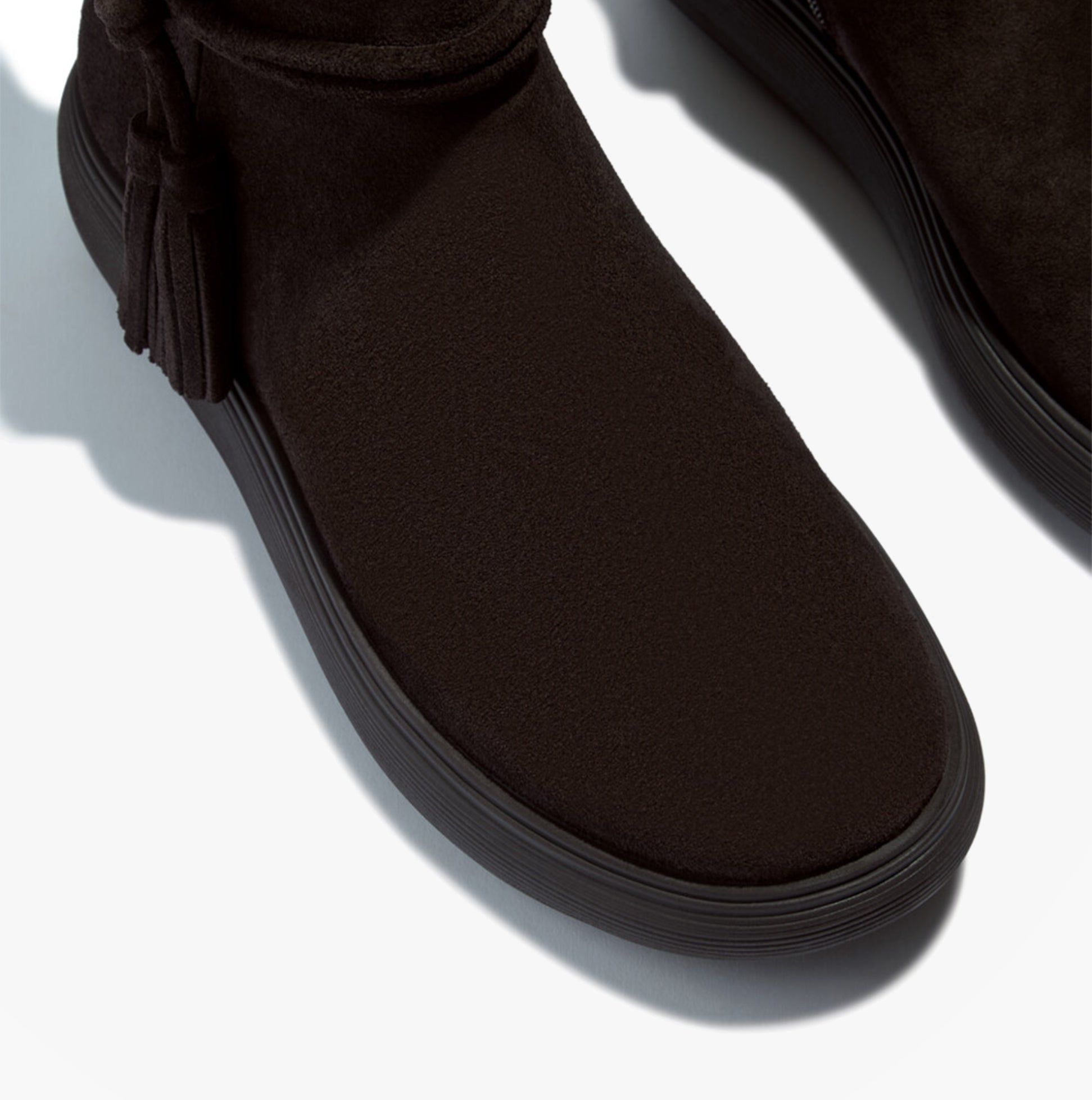 FitFlop iQ-COMFF TASSEL SUEDE Ladies Short Boots Chocolate Brown top view showing soft suede and rounded toe design.