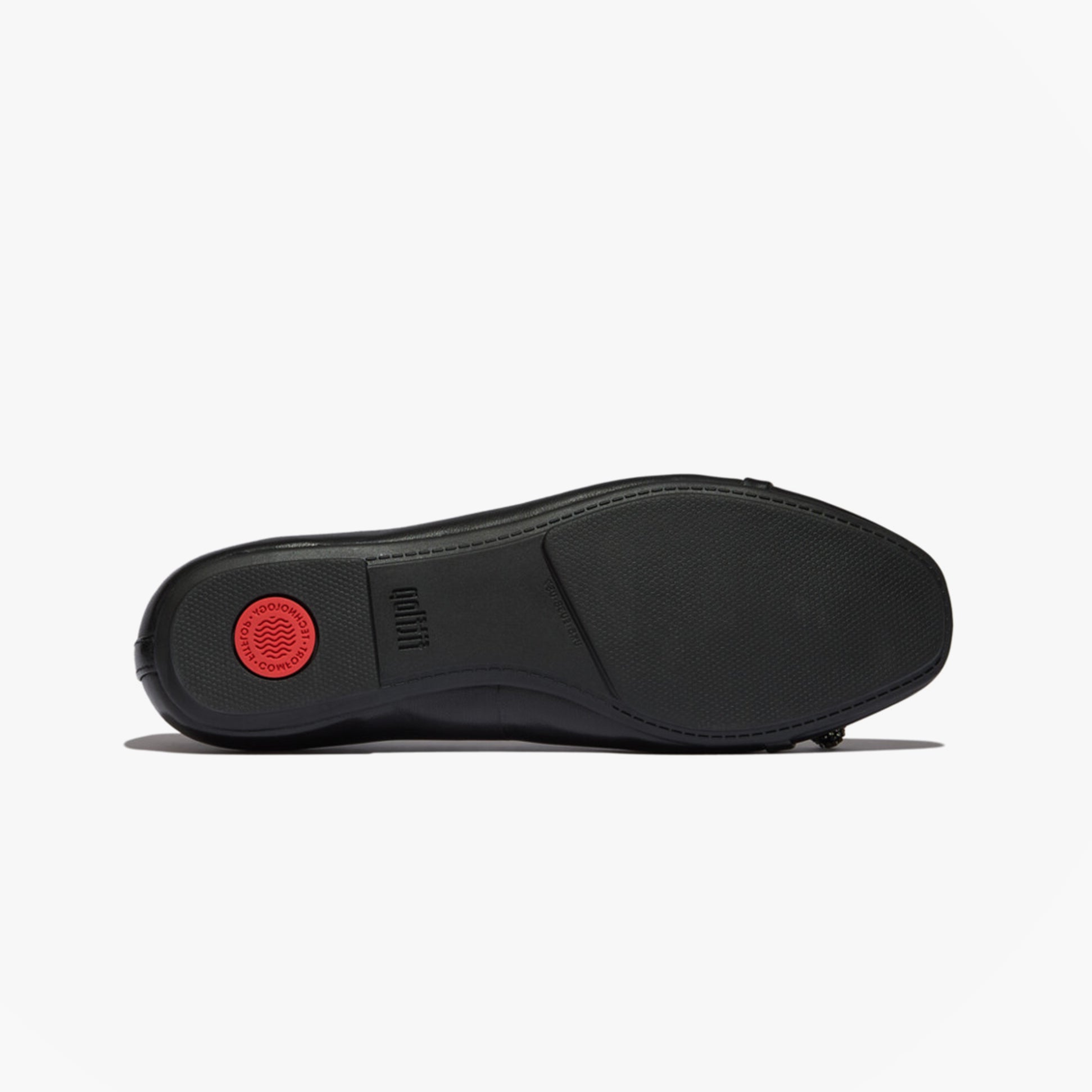 FitFlop DELICATO GLITZ-BOW LEATHER Womens Ballet Black shoe bottom view with red logo and rubber sole.