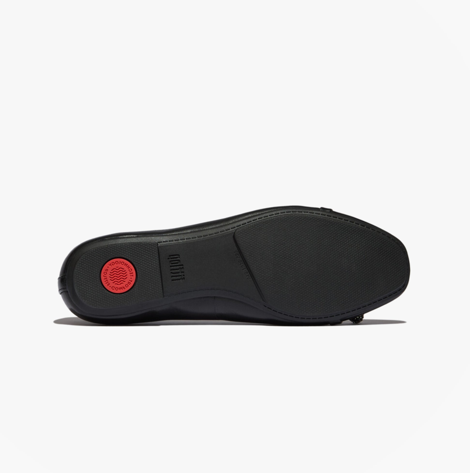 FitFlop DELICATO GLITZ-BOW LEATHER Womens Ballet Black shoe bottom view with red logo and rubber sole.