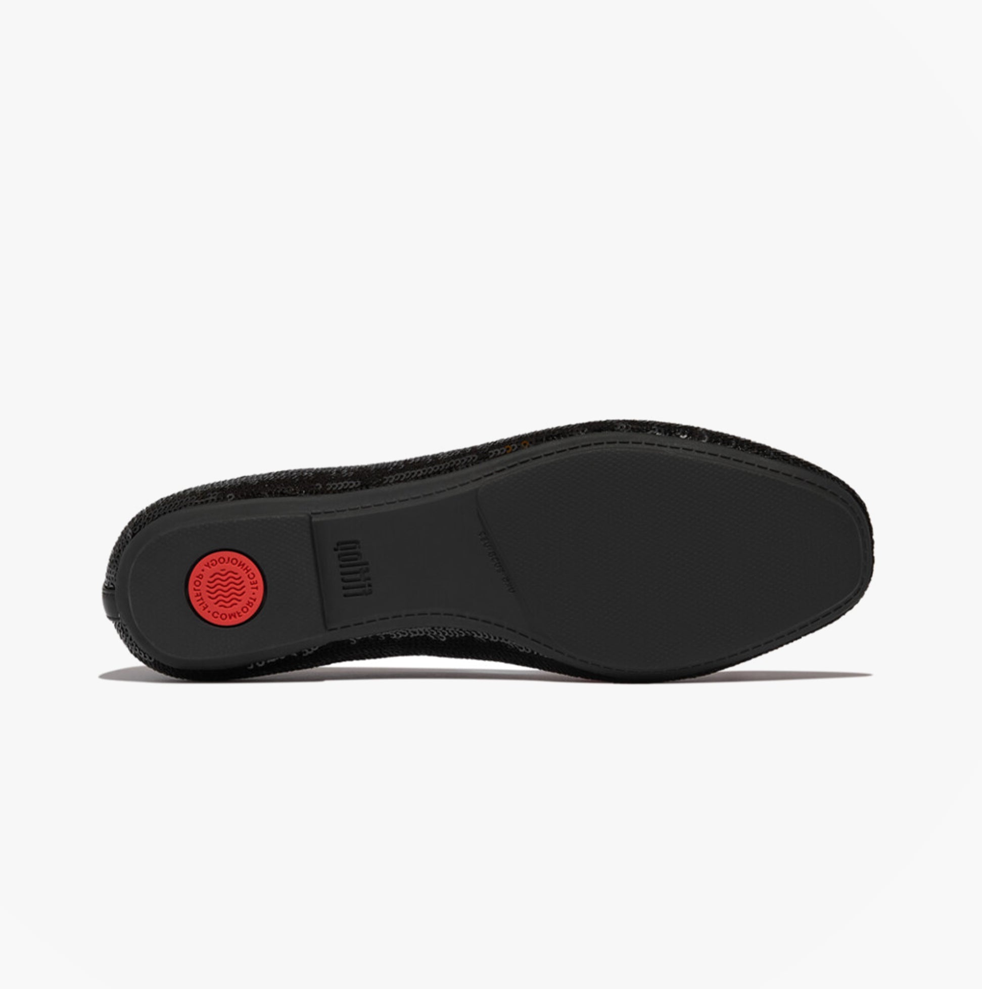 FitFlop DELICATO BOW SEQUIN BALLET Womens Ballet Black bottom view showing rubber sole and design details.