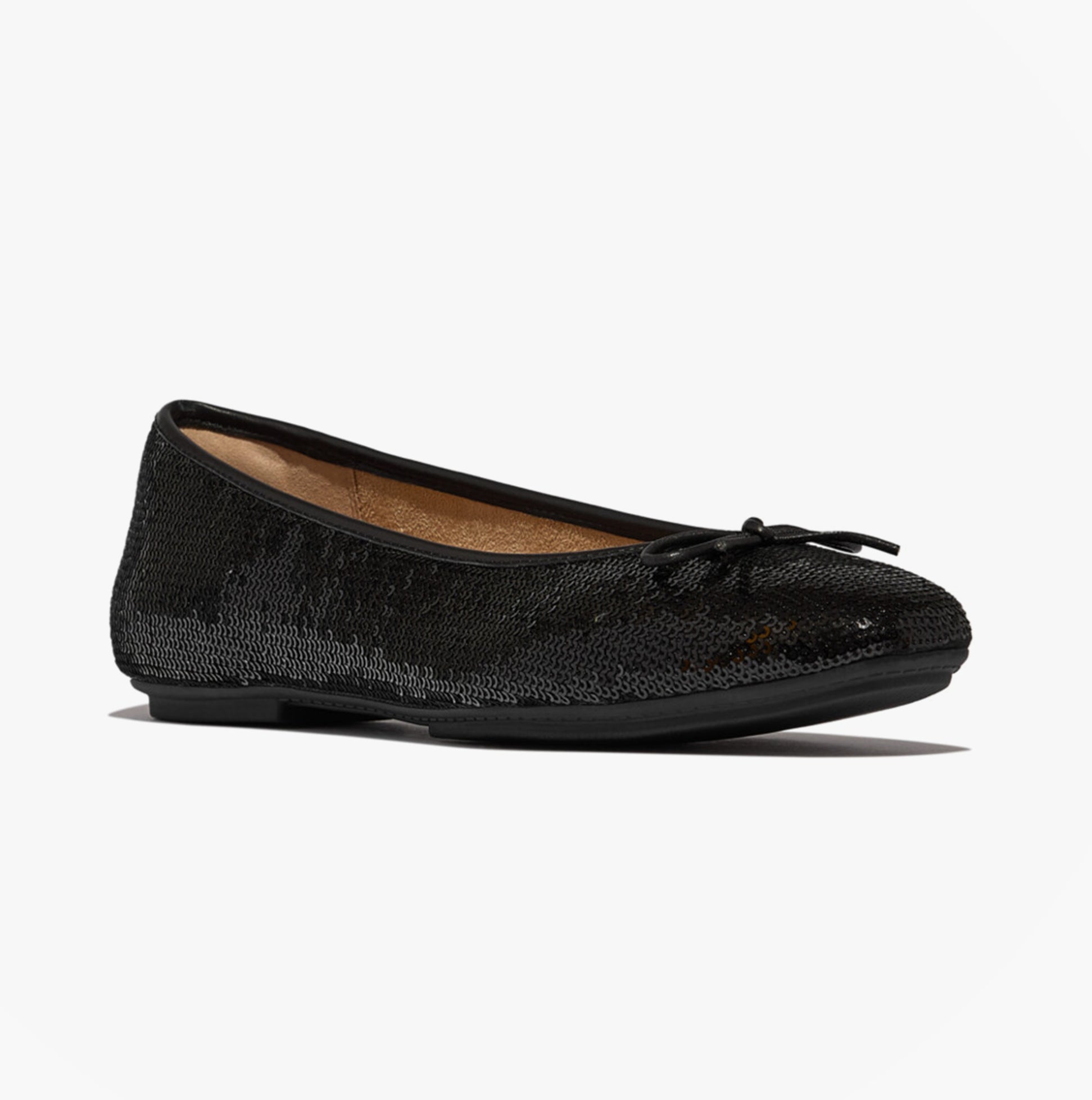 FitFlop DELICATO BOW SEQUIN BALLET Womens Ballet Black side view showing elegant leather upper with sequins.