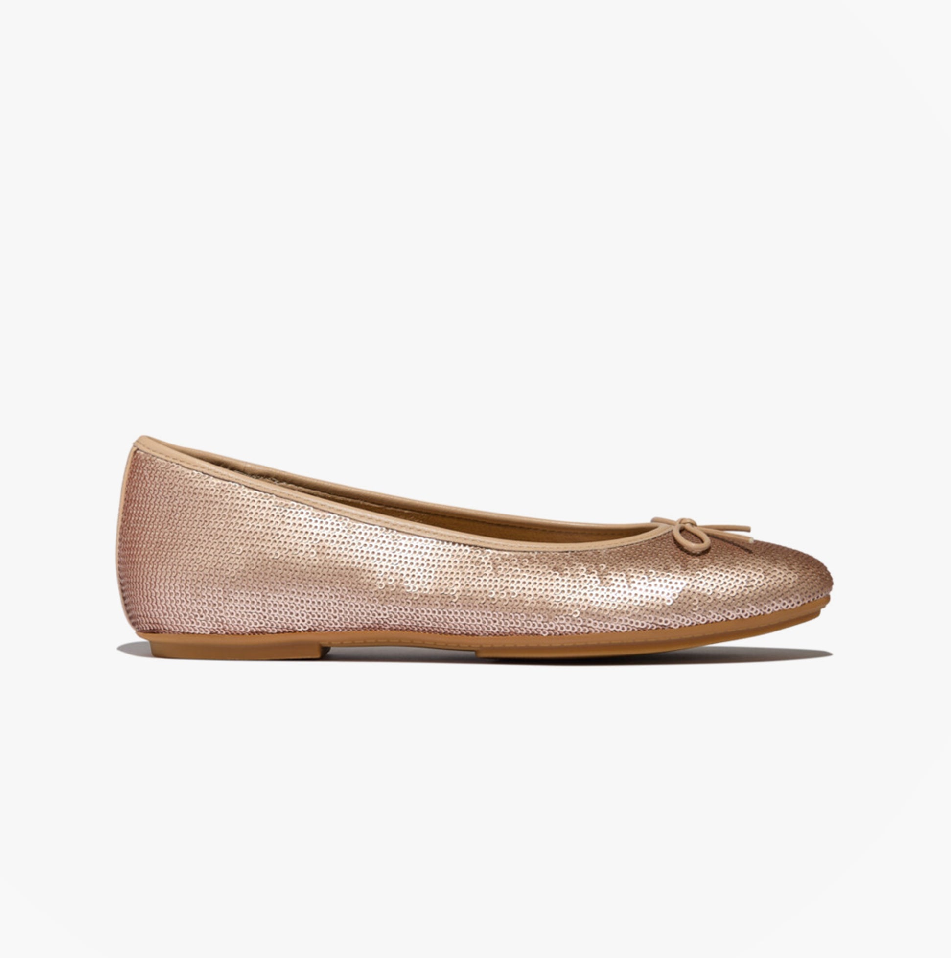 FitFlop DELICATO BOW SEQUIN BALLET Womens Ballet Classic Beige side view of ballerina shoes in metallic finish