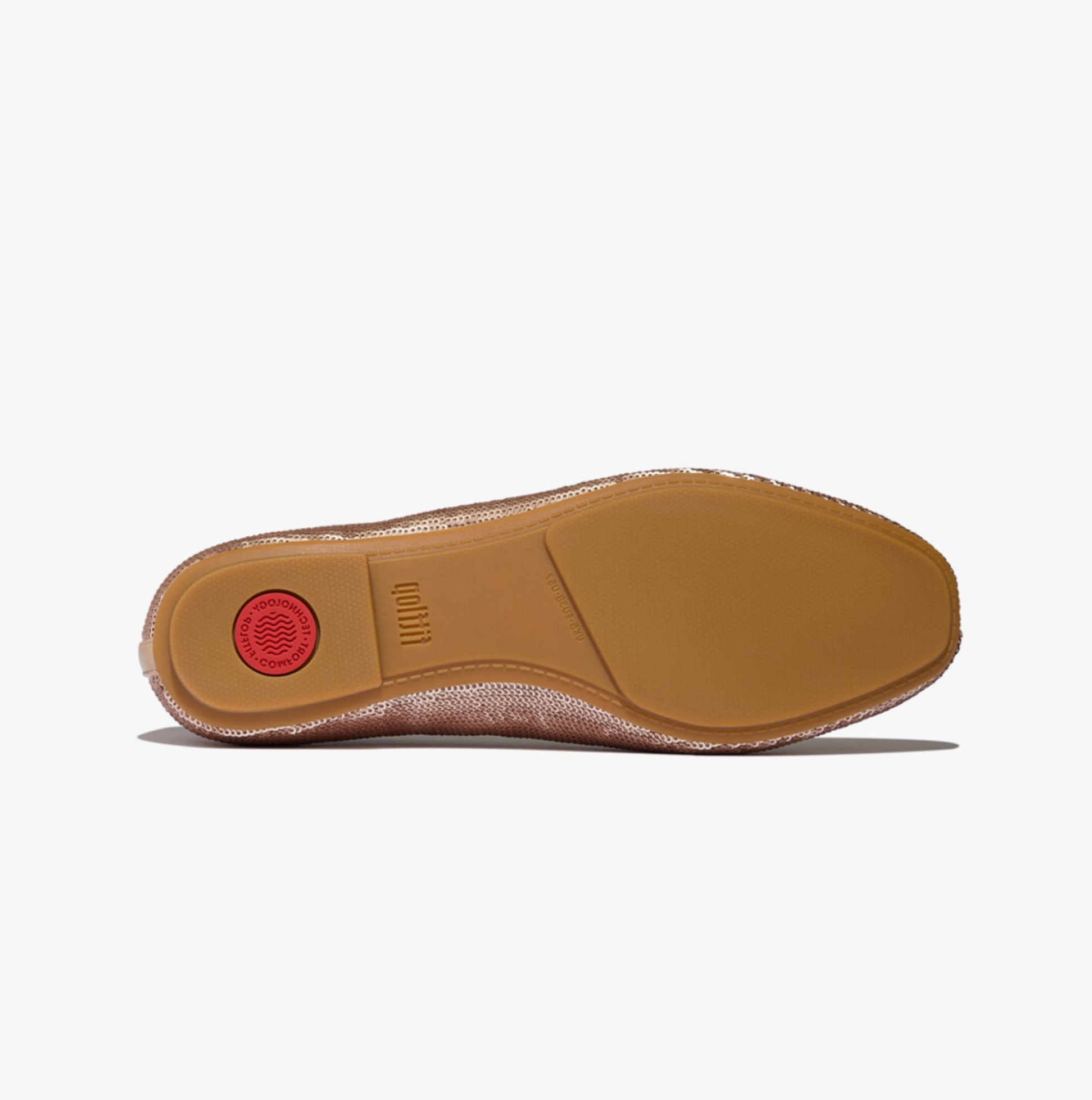 FitFlop DELICATO BOW SEQUIN BALLET Womens Ballet Classic Beige shoe bottom view with rubber sole and red logo.