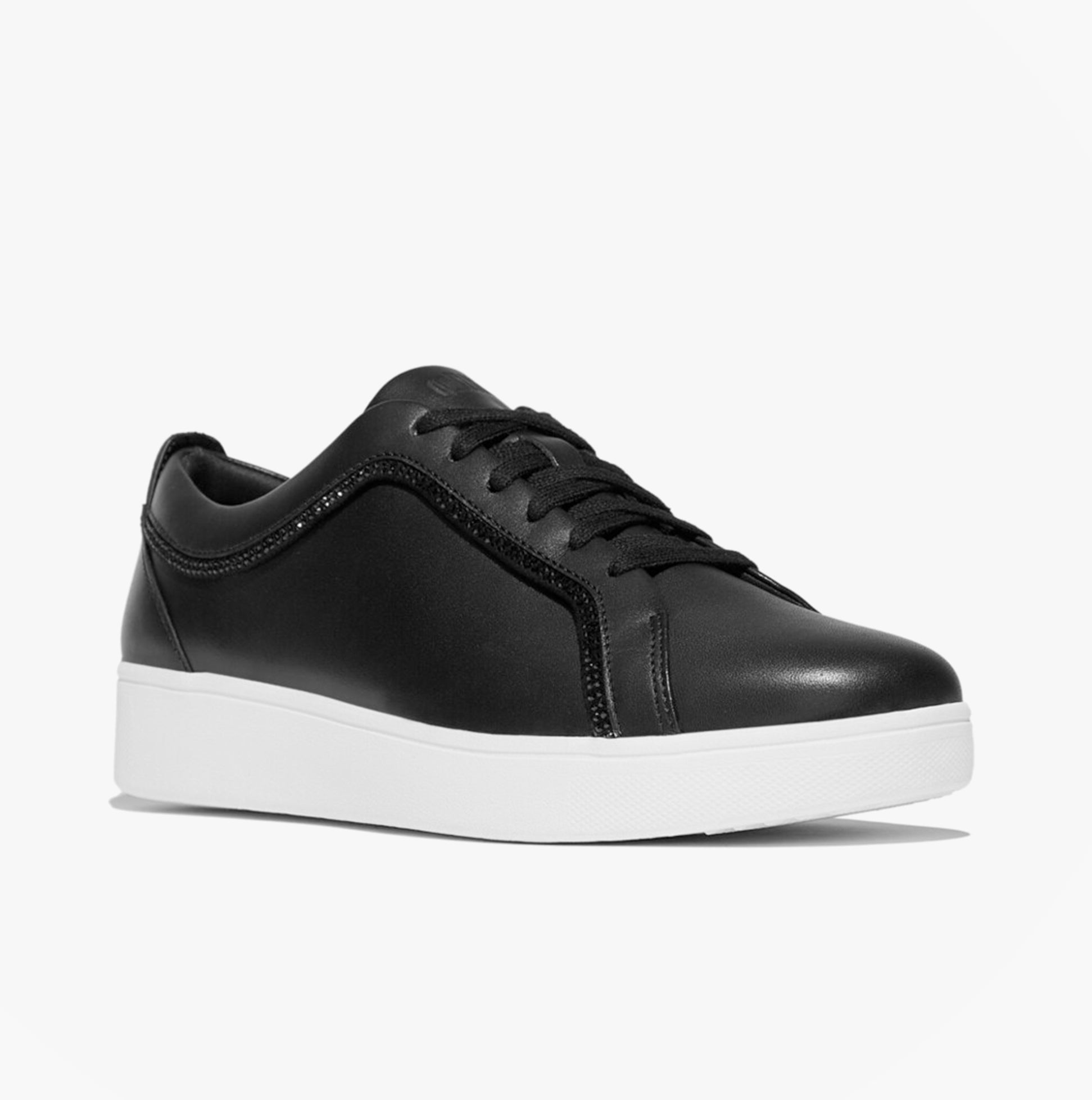 FitFlop RALLY CRYSTAL-TRIM LEATHER Womens Fashion Trainers Black side view with lace-up closure and rubber sole.