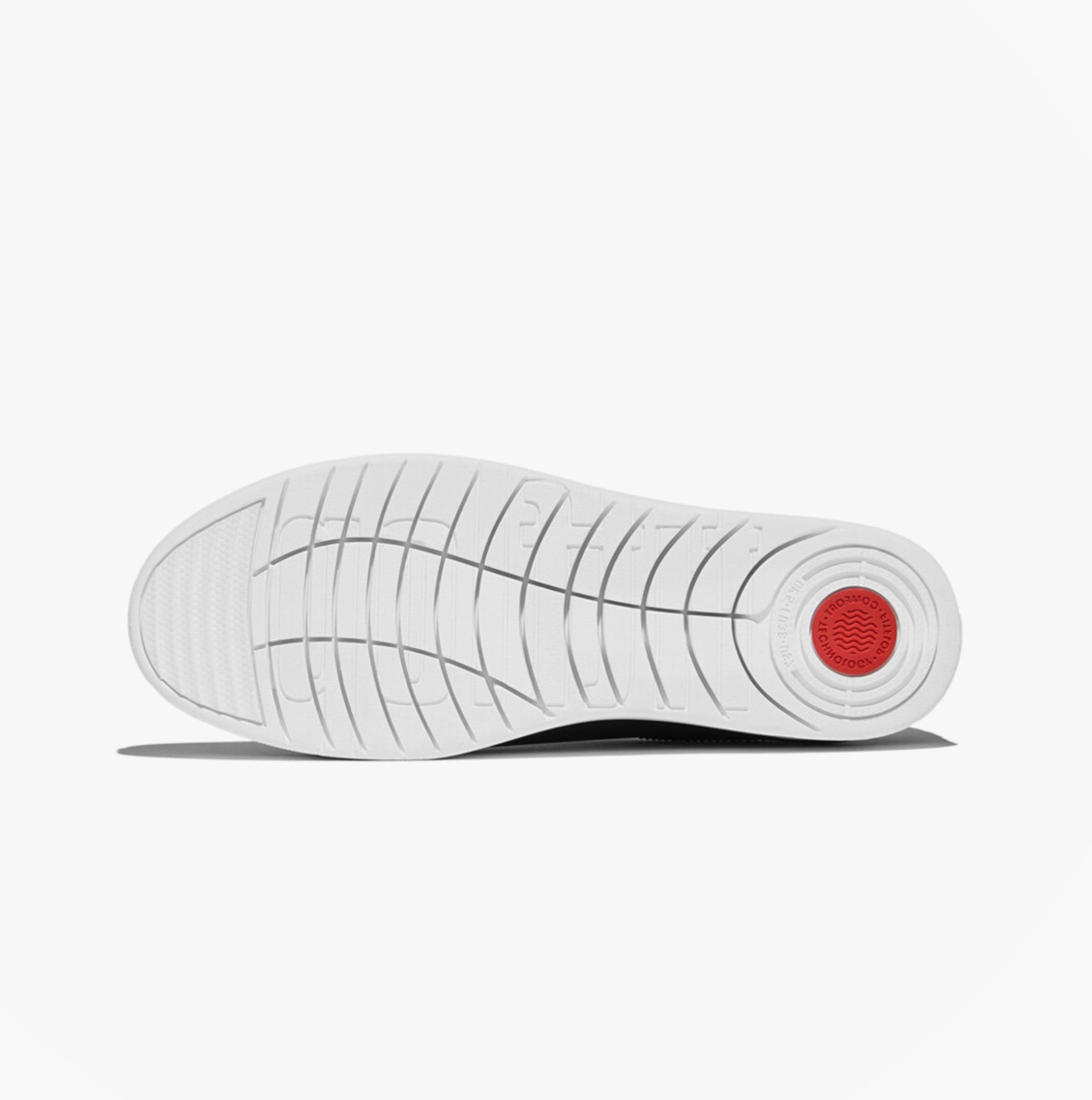 FitFlop RALLY CRYSTAL-TRIM LEATHER Womens Fashion Trainers Black sole view with rubber material and red detailing.