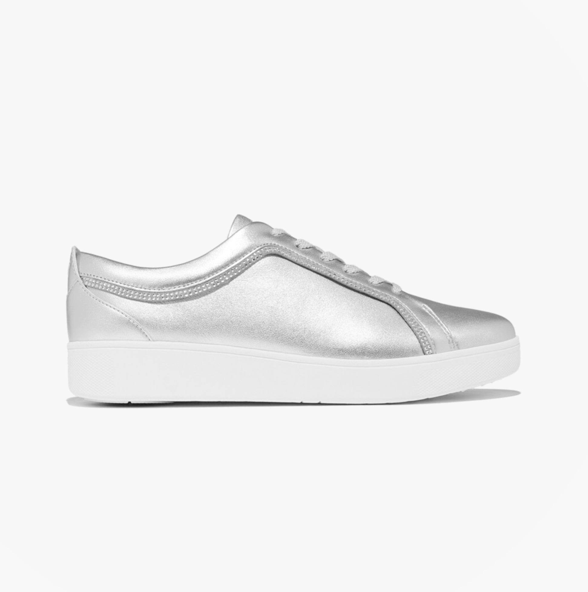 FitFlop RALLY CRYSTAL-TRIM LEATHER Womens Fashion Trainers Silver side view showcasing the sleek silver leather design.