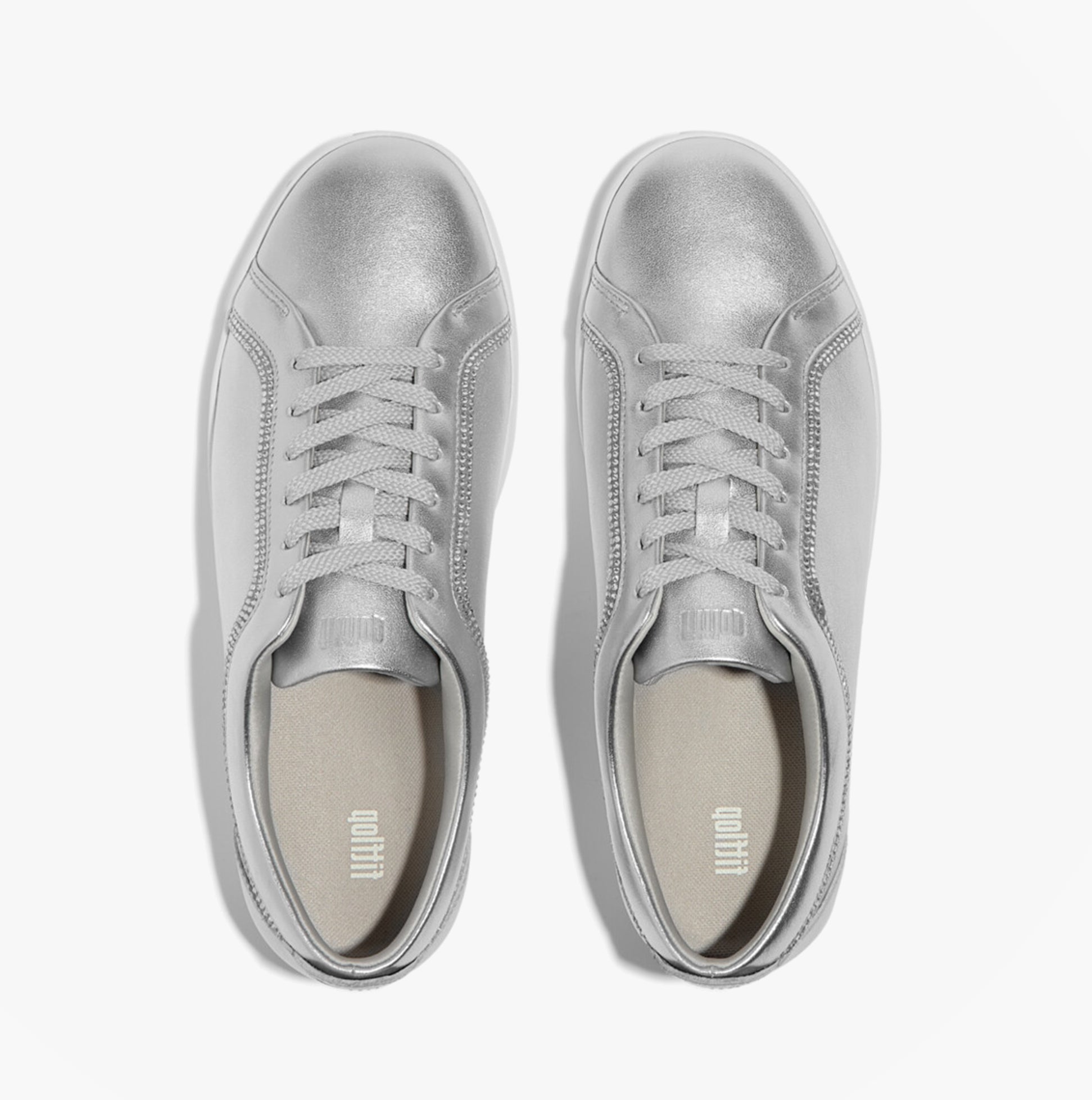 FitFlop RALLY CRYSTAL-TRIM LEATHER Womens Fashion Trainers Silver top view showing lace-up design and metallic finish.