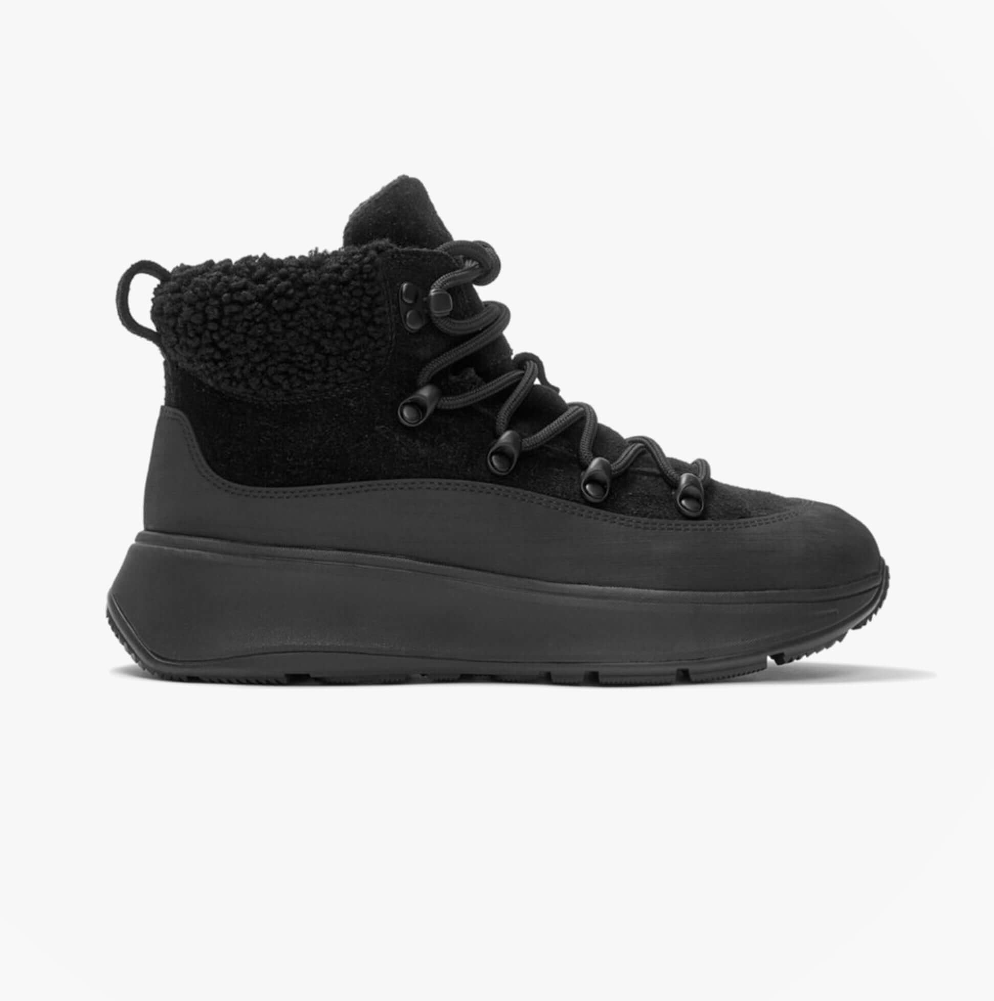 FitFlop F-MODE TEDDY-COLLAR WARM SUEDE Womens Suede Booties All Black side view featuring warm suede and lace-up closure.