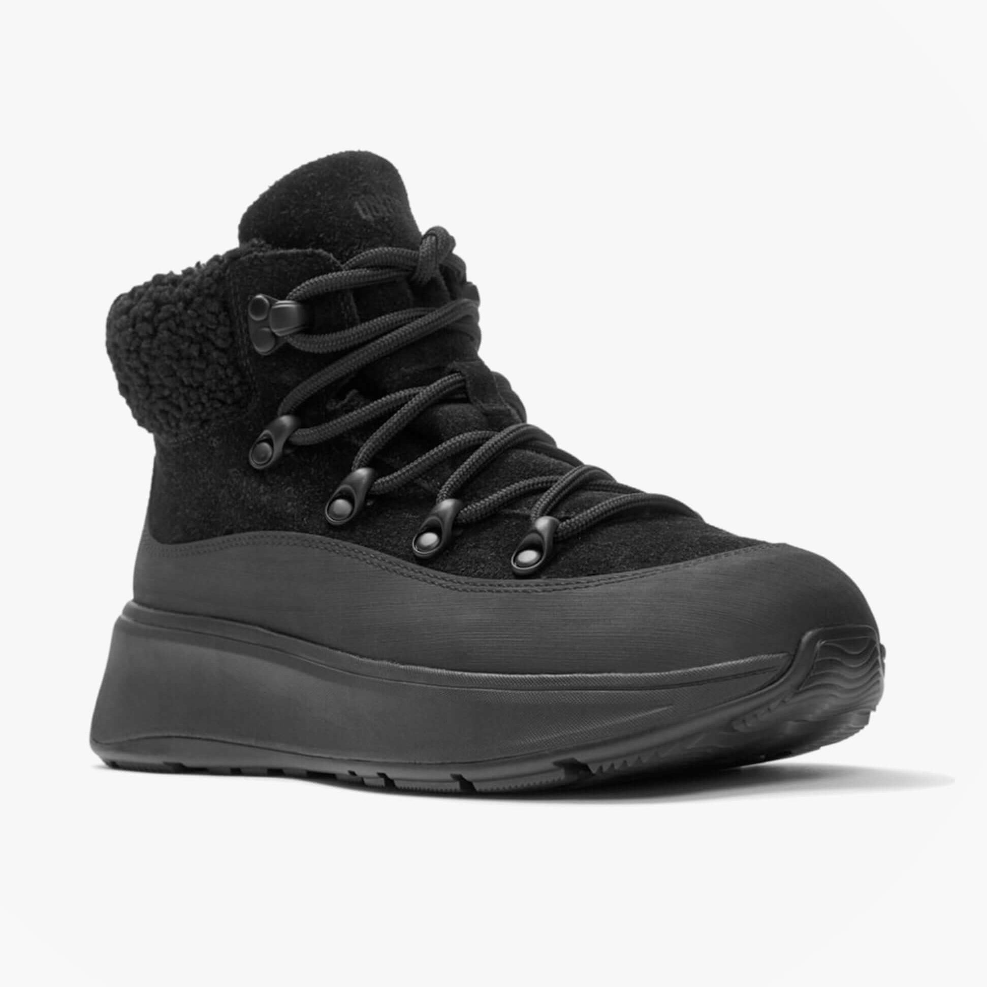 FitFlop F-MODE TEDDY-COLLAR WARM SUEDE Womens Suede Booties All Black side view featuring plush teddy collar and lace-up design.
