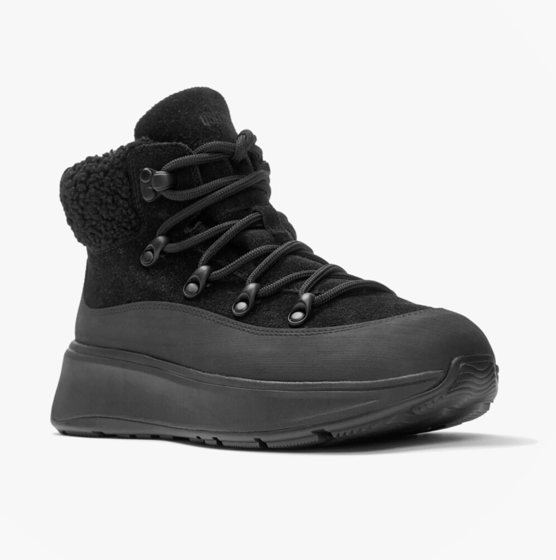 FitFlop F-MODE TEDDY-COLLAR WARM SUEDE Womens Suede Booties All Black side view featuring plush teddy collar and lace-up design.