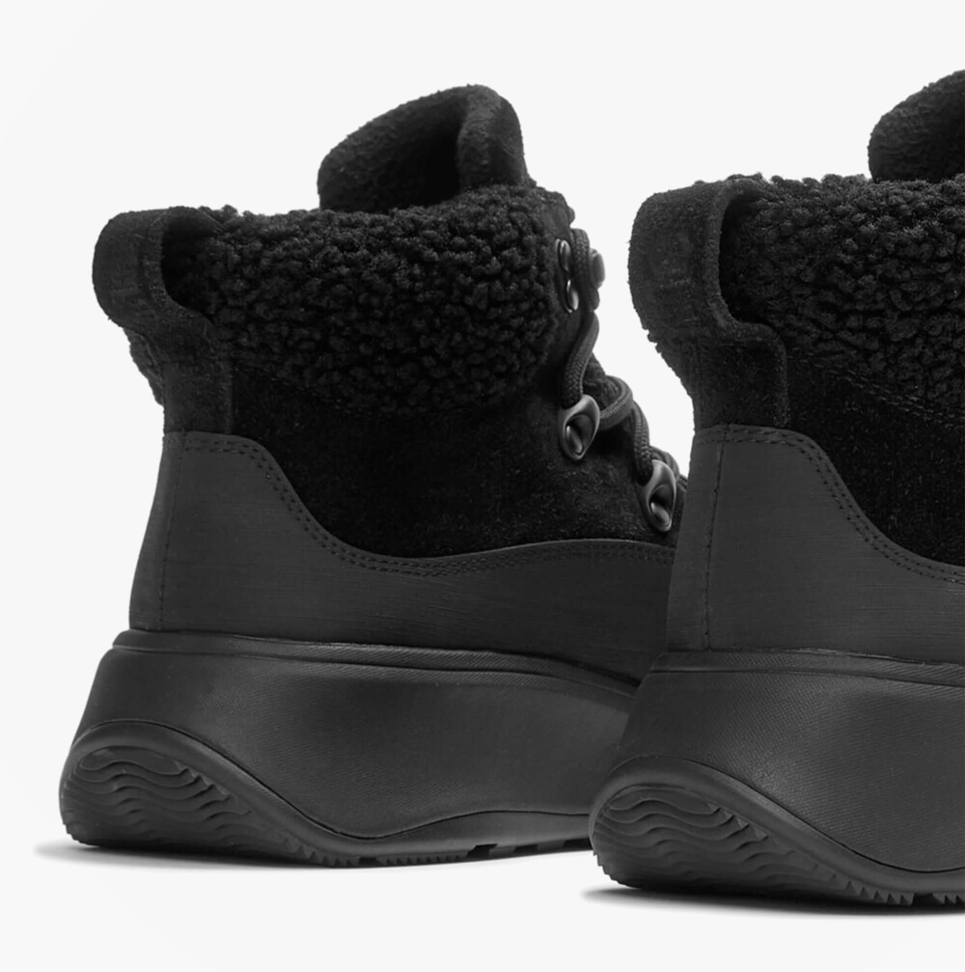 FitFlop F-MODE TEDDY-COLLAR WARM SUEDE Womens Suede Booties All Black side view showing textured collar and rubber sole.