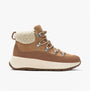 FitFlop F-MODE TEDDY-COLLAR WARM SUEDE Womens Suede Booties Desert Tan side view showing lace-up closure and teddy collar.