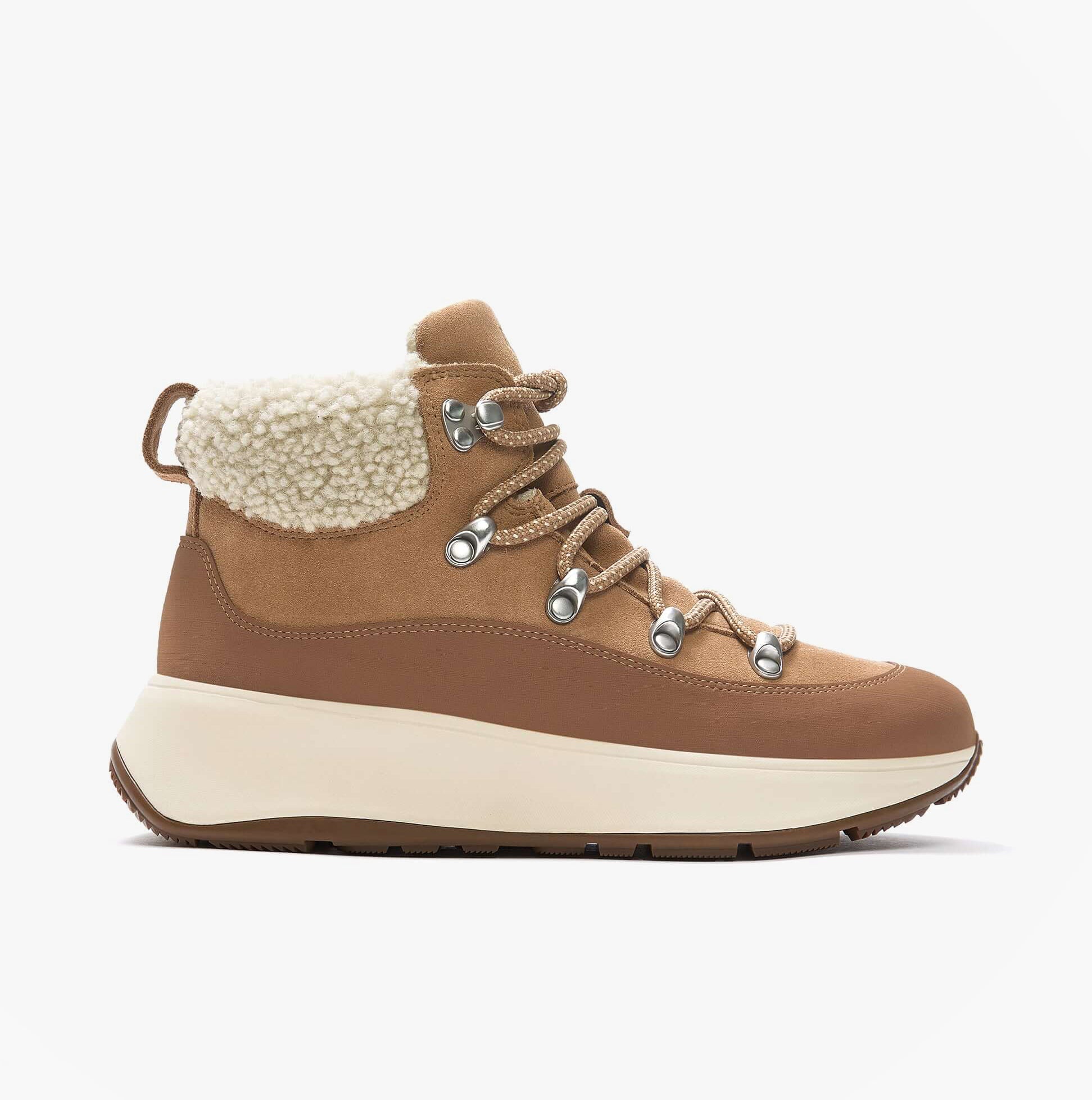 FitFlop F-MODE TEDDY-COLLAR WARM SUEDE Womens Suede Booties Desert Tan side view showing lace-up closure and teddy collar.