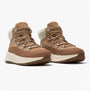 FitFlop F-MODE TEDDY-COLLAR WARM SUEDE Womens Suede Booties Desert Tan front view showcasing hiking boot style and teddy collar.