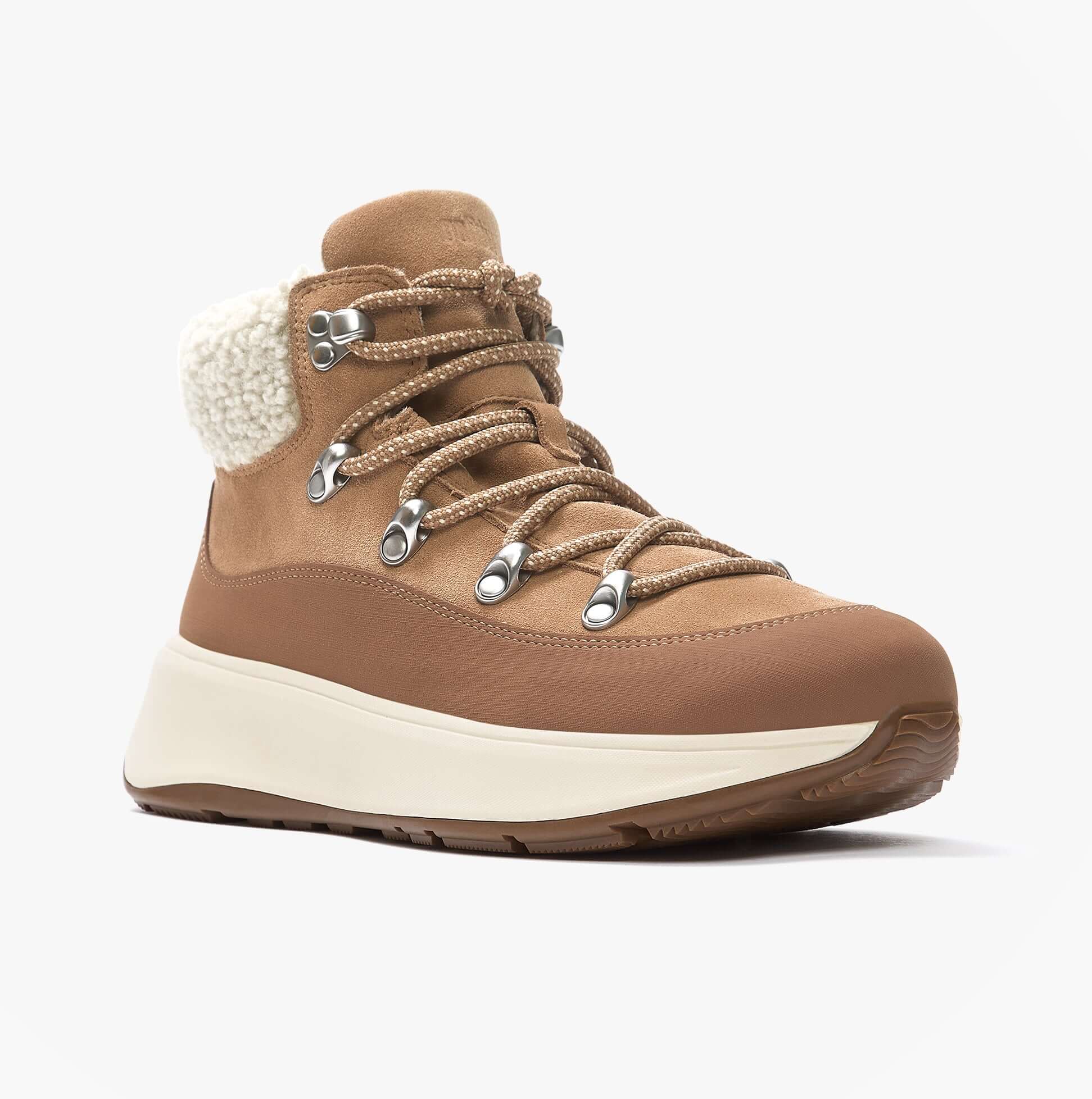 FitFlop F-MODE TEDDY-COLLAR WARM SUEDE Womens Suede Booties Desert Tan side view showcasing lace-up design and warm collar.