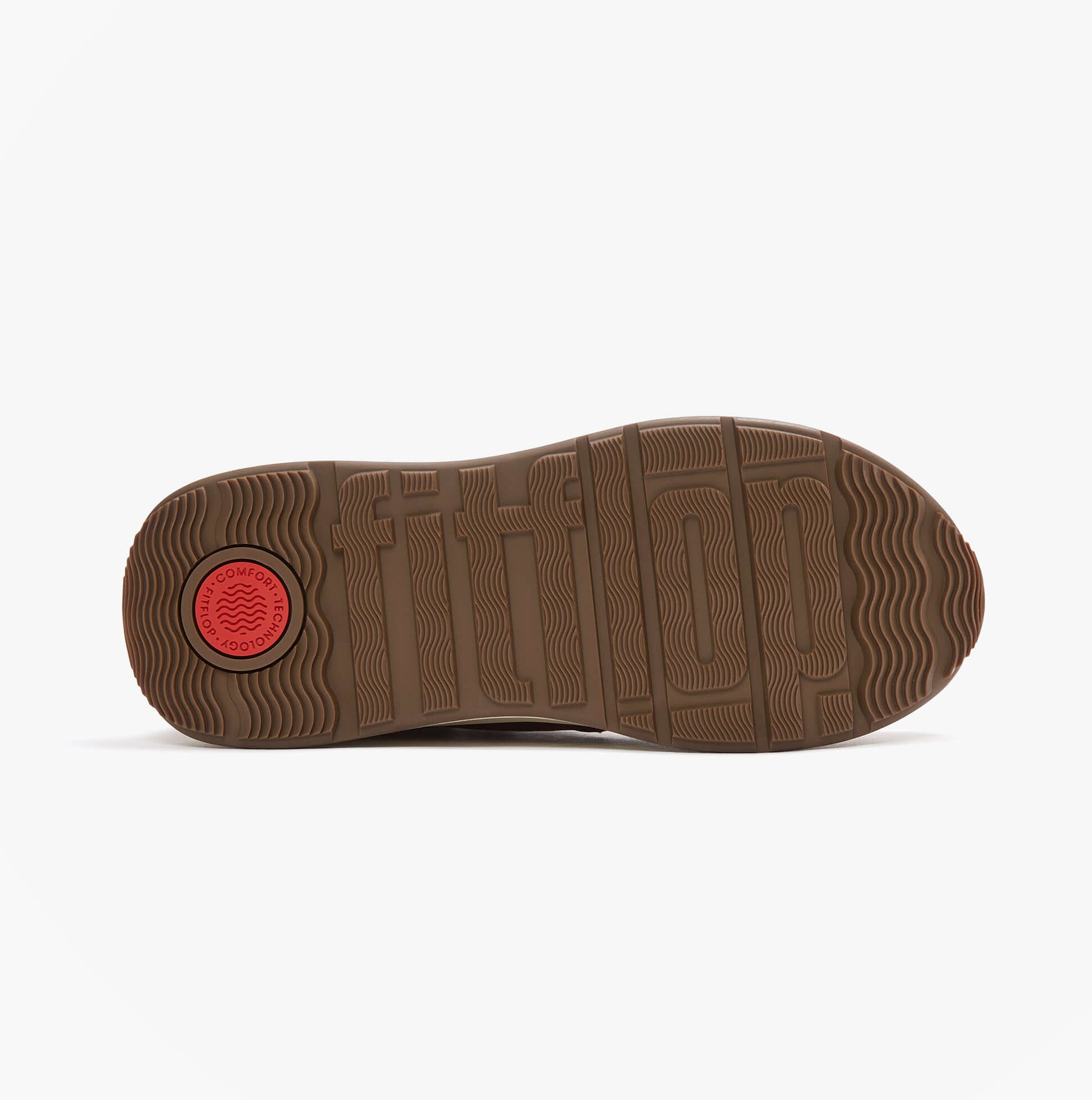 FitFlop F-MODE TEDDY-COLLAR WARM SUEDE Womens Suede Booties Desert Tan bottom view showing rubber sole and traction pattern.