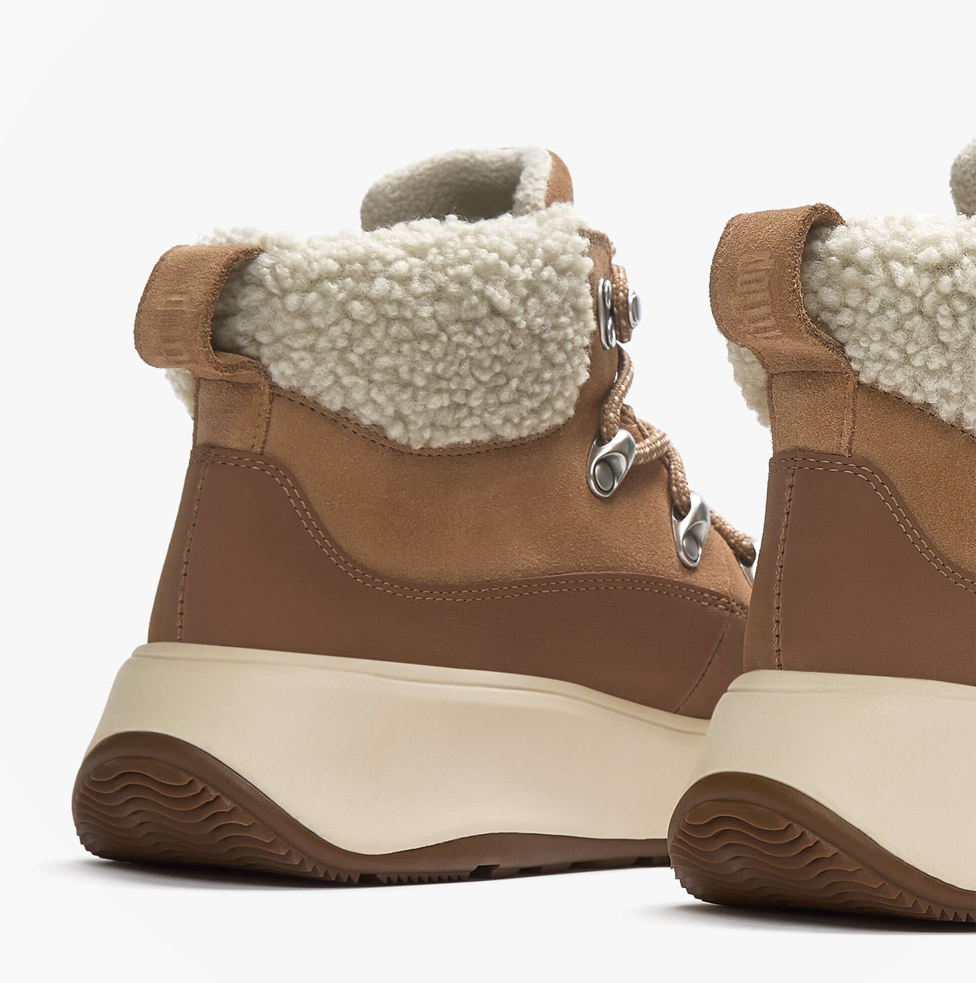 FitFlop F-MODE TEDDY-COLLAR WARM SUEDE Womens Suede Booties Desert Tan rear view showcasing soft teddy collar and lace-up design.