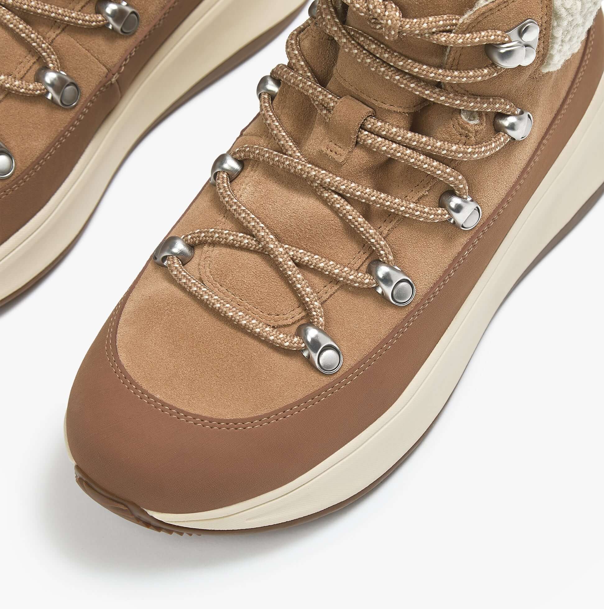 FitFlop F-MODE TEDDY-COLLAR WARM SUEDE Womens Suede Booties Desert Tan top view showing laces and warm suede details.