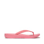 FitFlop IQUSHION ERGONOMIC Womens Flip Flops Geranium Pink side view showcasing lightweight design and rubber material.