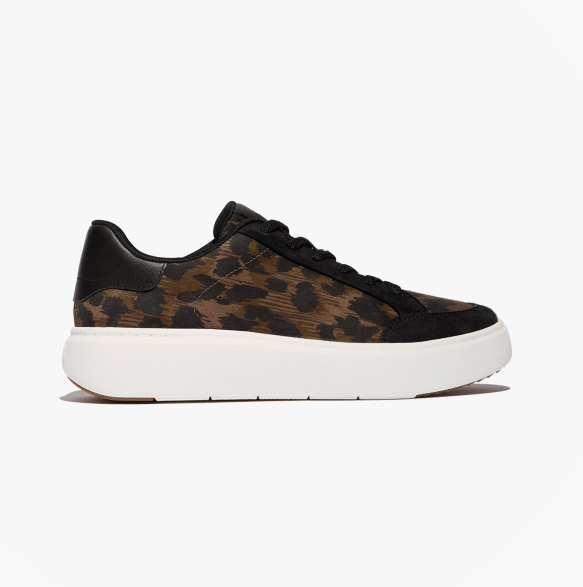 FitFlop 'Ready To Go' LEOPARD SUEDE Ladies Sneakers Black/Chocolate Mix side view showing suede and rubber sole.