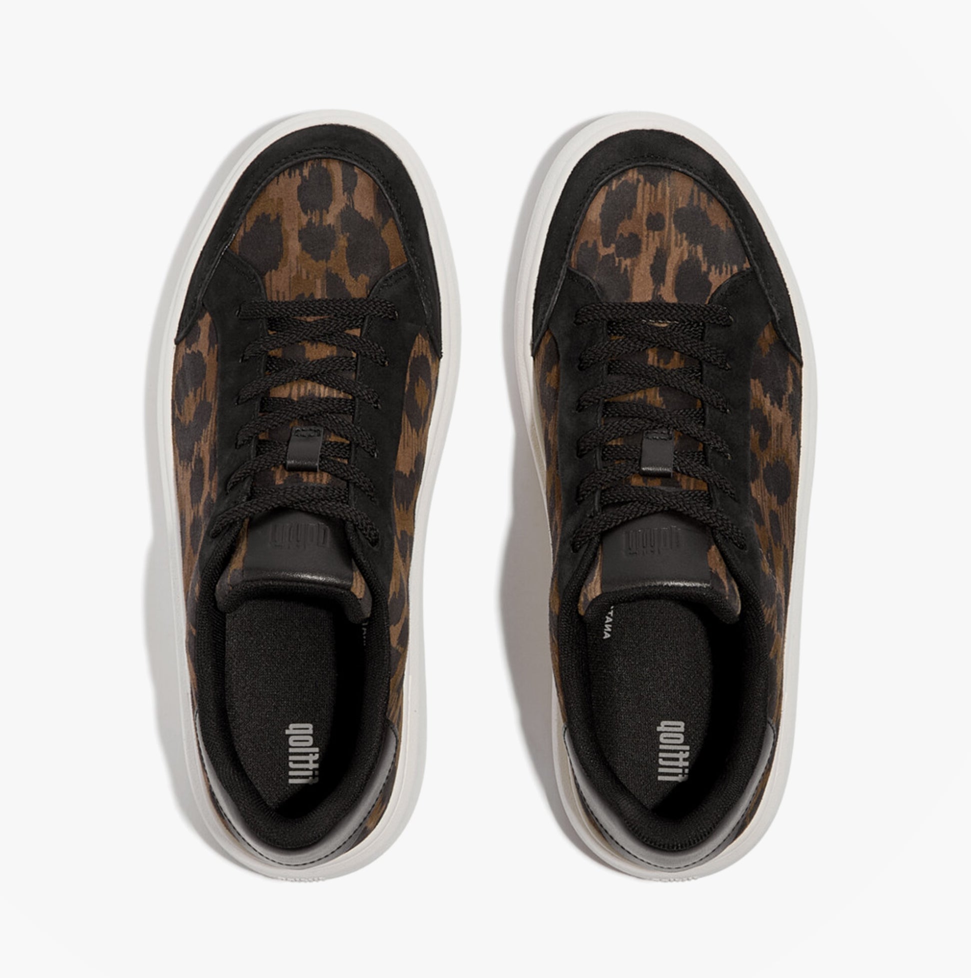 FitFlop 'Ready To Go' LEOPARD SUEDE Ladies Sneakers Black/Chocolate Mix top view showcasing the suede upper and lace-up closure.