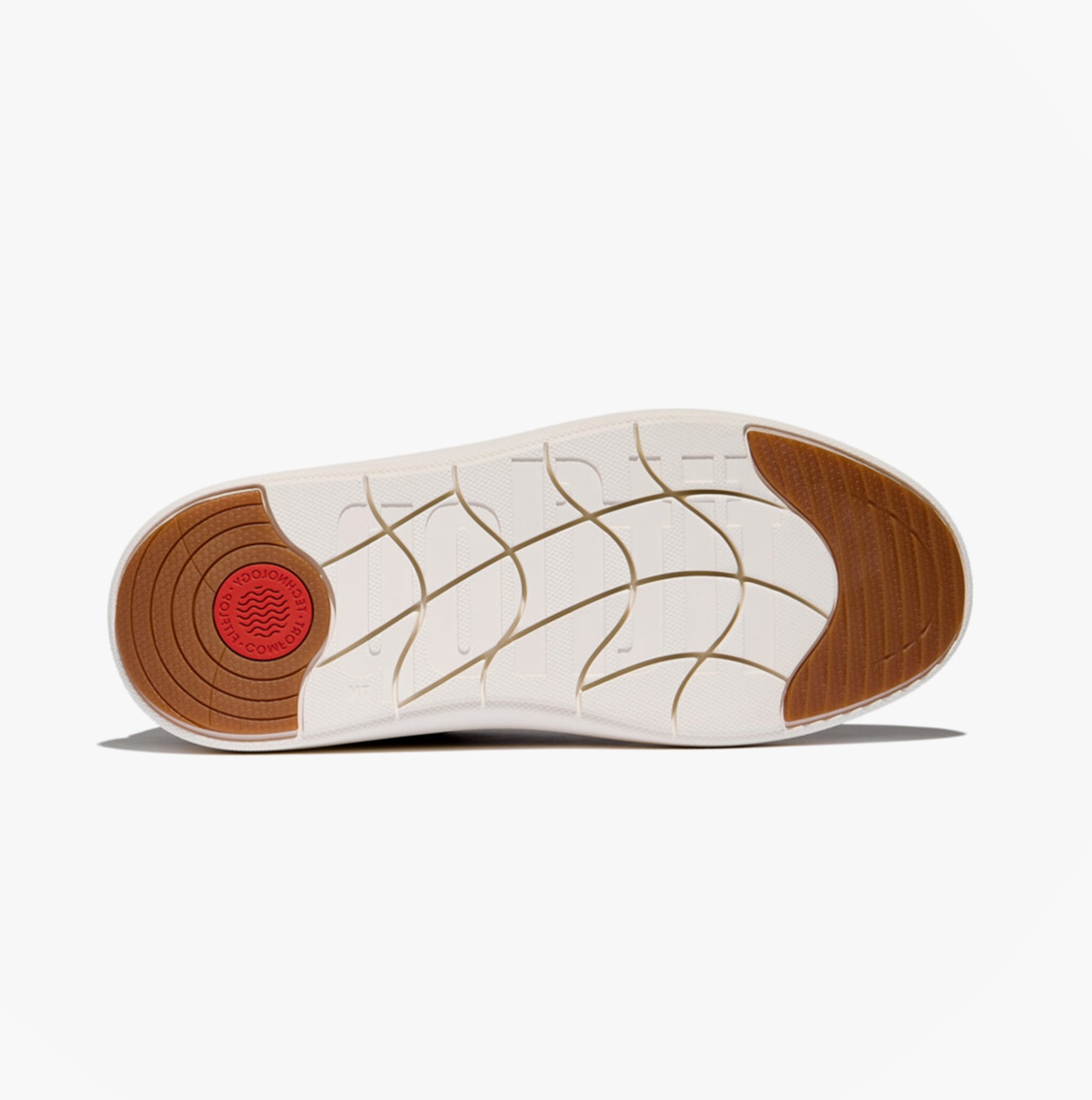 FitFlop 'Ready To Go' LEOPARD SUEDE Ladies Sneakers Black/Chocolate Mix sole view with rubber and suede detailing.