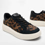 FitFlop 'Ready To Go' LEOPARD SUEDE Ladies Sneakers Black/Chocolate Mix side view with lace-up closure and round toe.