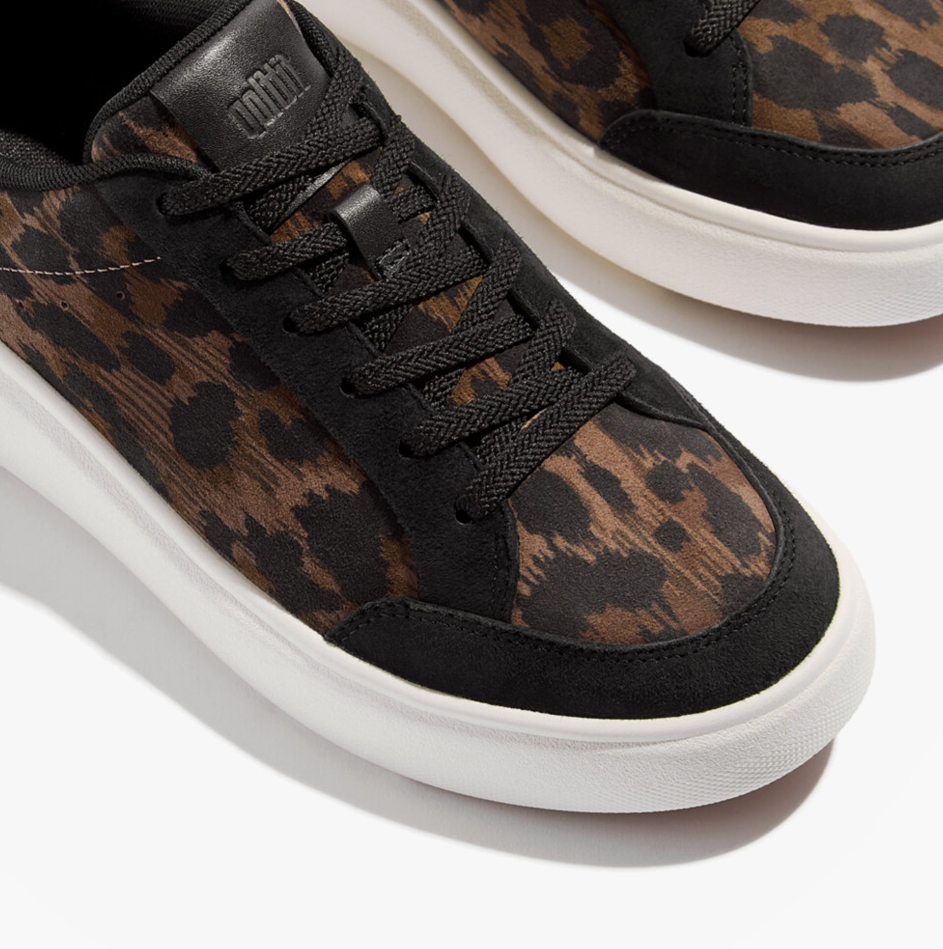 FitFlop 'Ready To Go' LEOPARD SUEDE Ladies Sneakers Black/Chocolate Mix top view showcasing suede and leopard print detail.