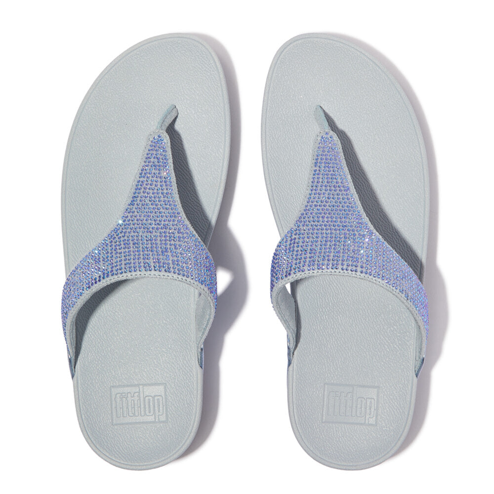 FitFlop LULU CRYSTAL EMBELLISHED Womens Toe Post Sandals Quiet Blue top view, showcasing crystal embellishments and sleek design.
