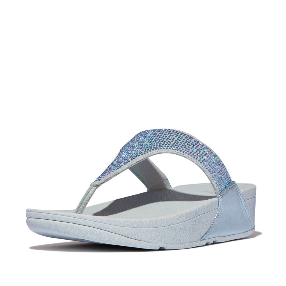 FitFlop LULU CRYSTAL EMBELLISHED Womens Toe Post Sandals Quiet Blue side view showcasing crystal embellishments.