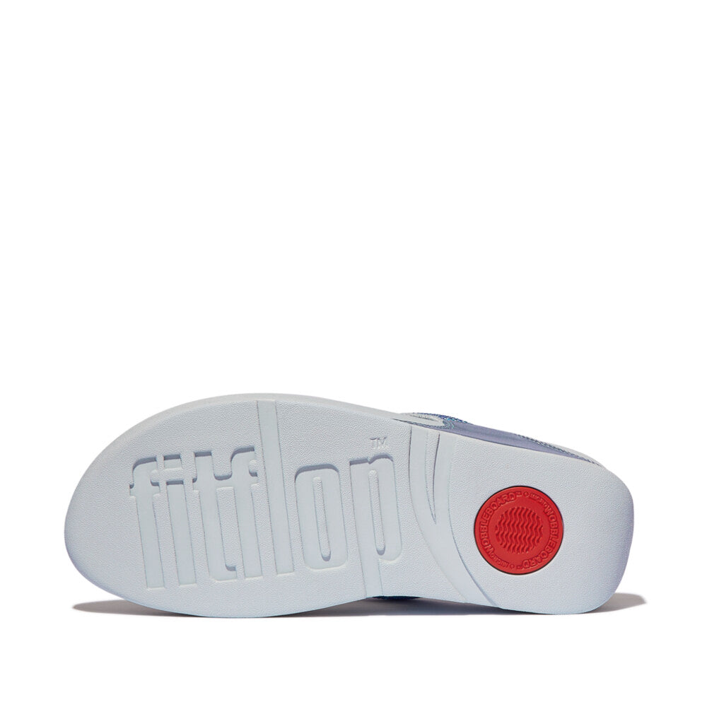 FitFlop LULU CRYSTAL EMBELLISHED Womens Toe Post Sandals Quiet Blue bottom view showing rubber sole design.