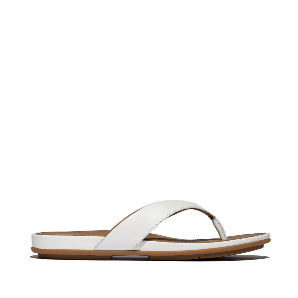 FitFlop GRACIE LEATHER Womens Flip Flops Urban White side view displaying leather upper and lightweight flat sole.
