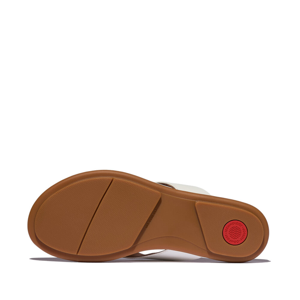 FitFlop GRACIE LEATHER Womens Flip Flops Urban White bottom view with brown rubber sole and red accent.