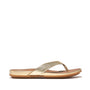 FitFlop GRACIE LEATHER Womens Flip Flops Platino side view showing the stylish gold leather upper and lightweight rubber sole.