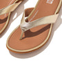 FitFlop GRACIE LEATHER Womens Flip Flops Platino detail view showing gold leather upper and rubber sole.