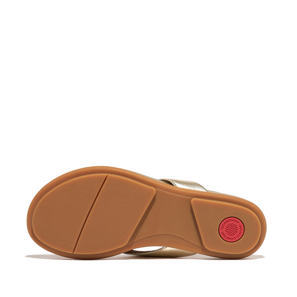 FitFlop GRACIE LEATHER Womens Flip Flops Platino bottom view showing rubber sole with detailed grip pattern.