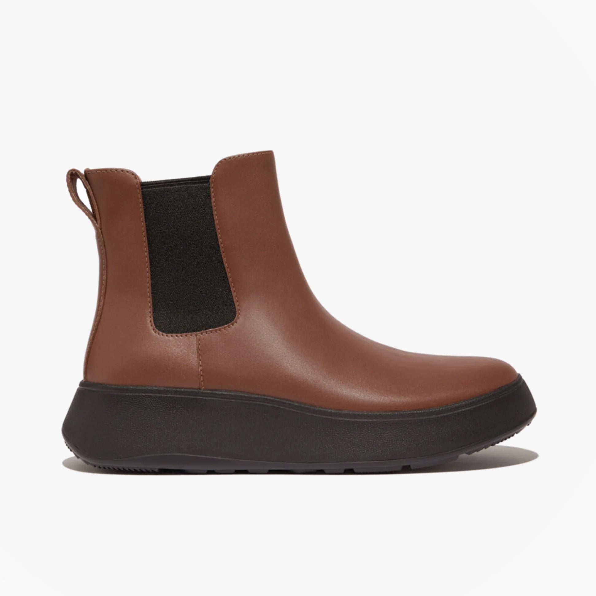 FitFlop F-MODE FLATFORM Womens Chelsea Boots Rich Brown side view showcasing leather upper and platform sole.