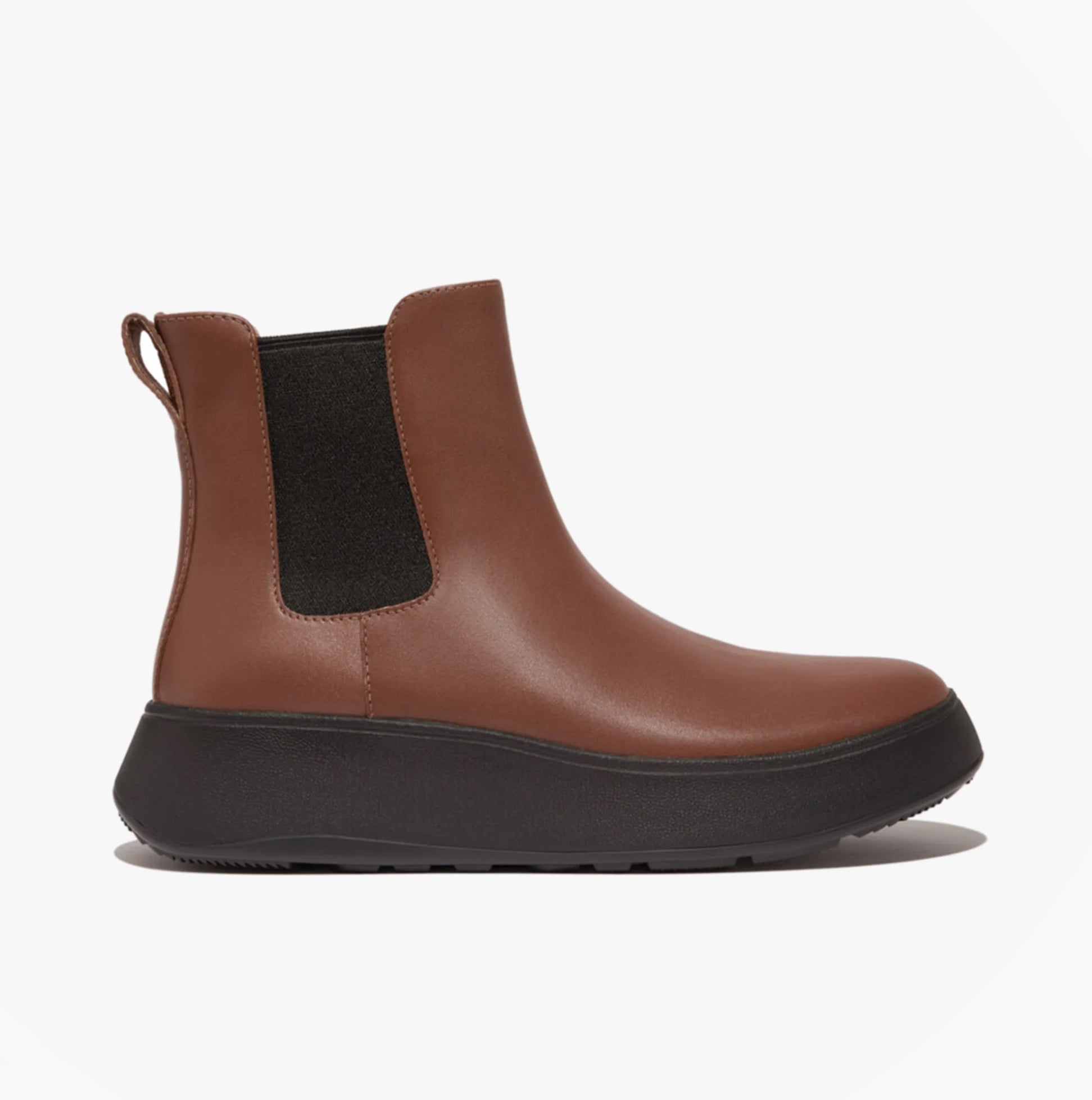 FitFlop F-MODE FLATFORM Womens Chelsea Boots Rich Brown side view showcasing leather upper and platform sole.