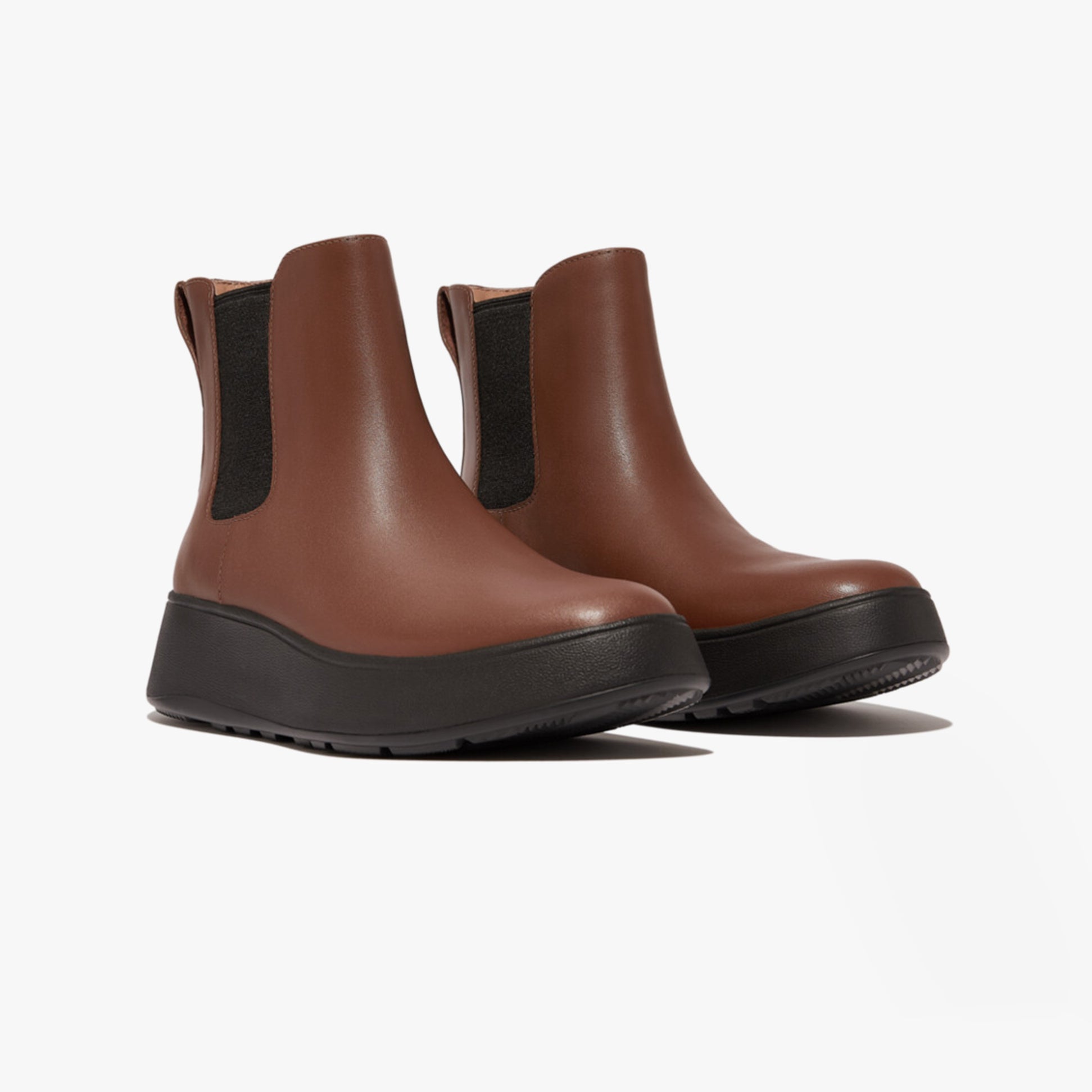 FitFlop F-MODE FLATFORM Womens Chelsea Boots Rich Brown side view showcasing leather upper and elasticated side panel.