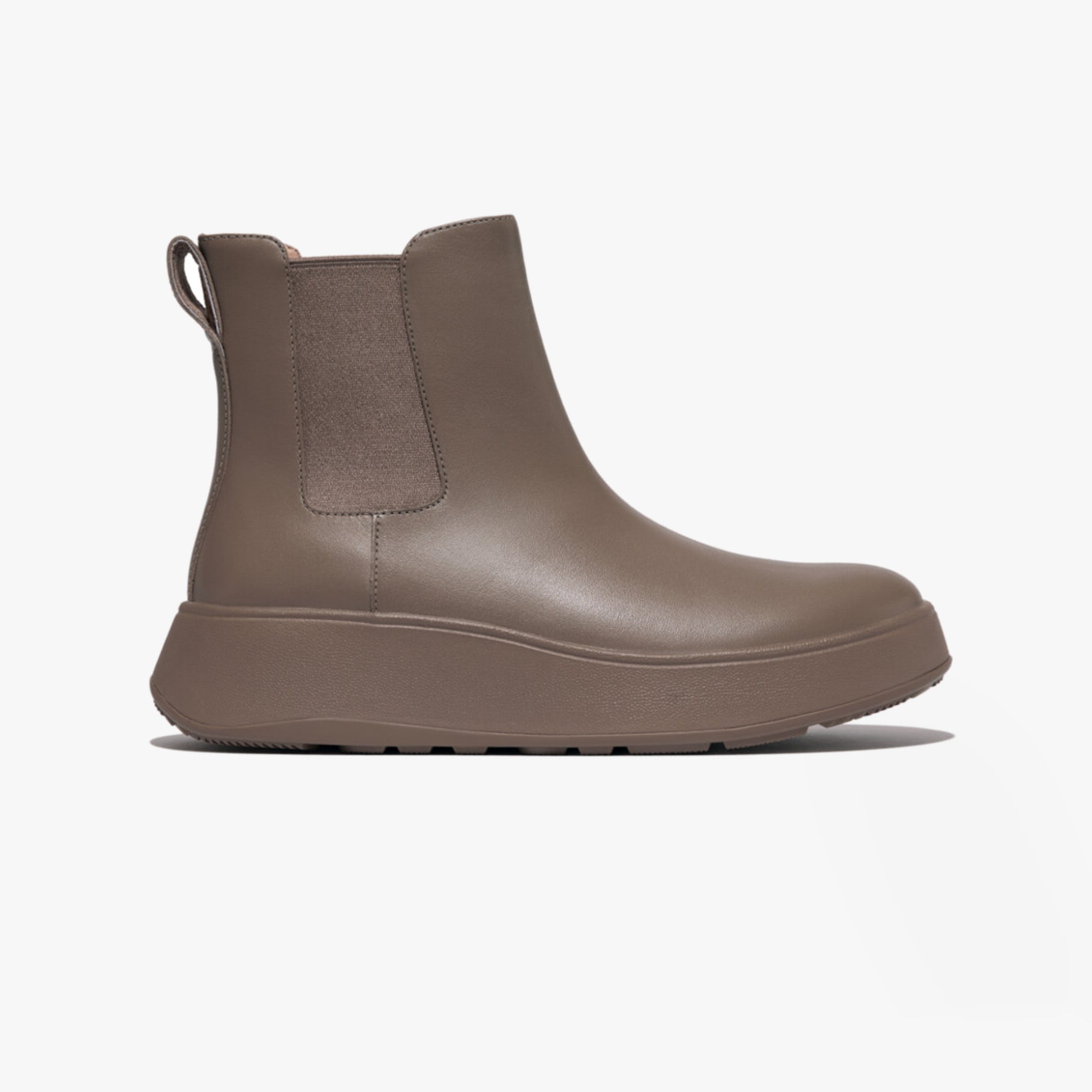 FitFlop F-MODE FLATFORM Womens Chelsea Boots Minky Grey side view showing soft leather upper and platform sole.