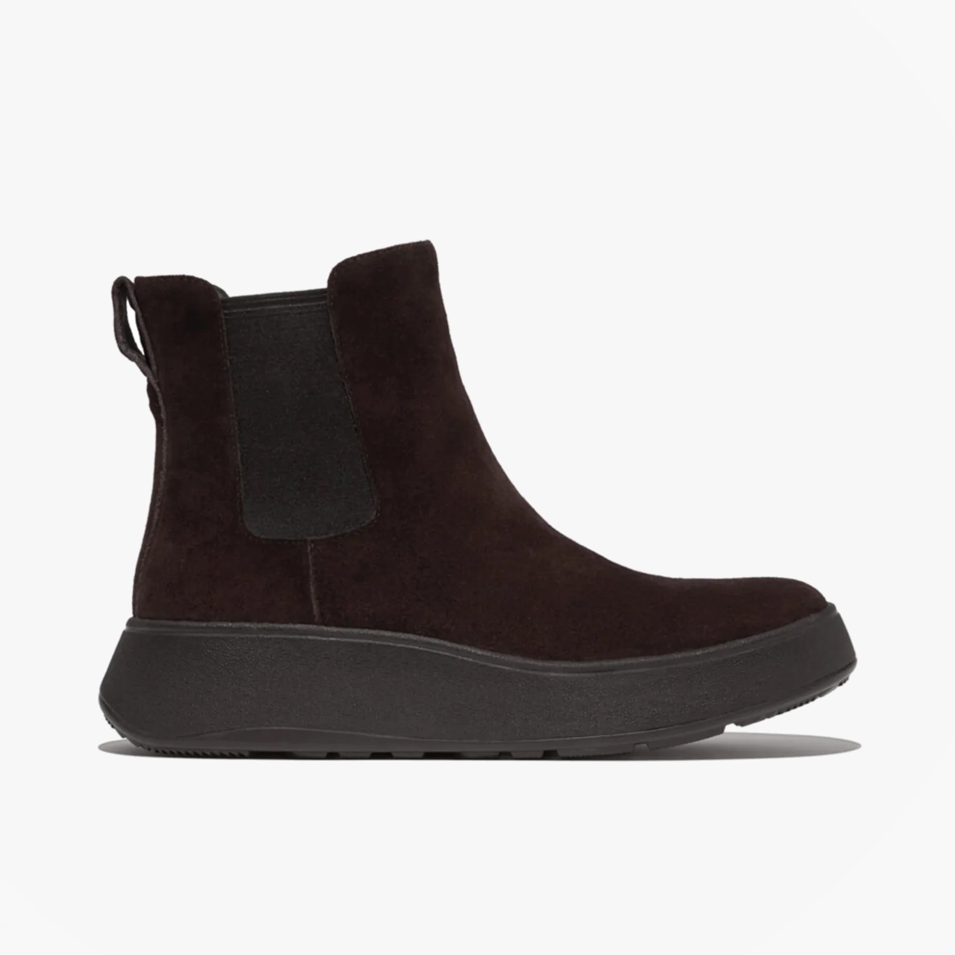 FitFlop F-MODE SUEDE FLATFORM Womens Chelsea Boots Chocolate Brown side view showing elasticated panels and platform sole.