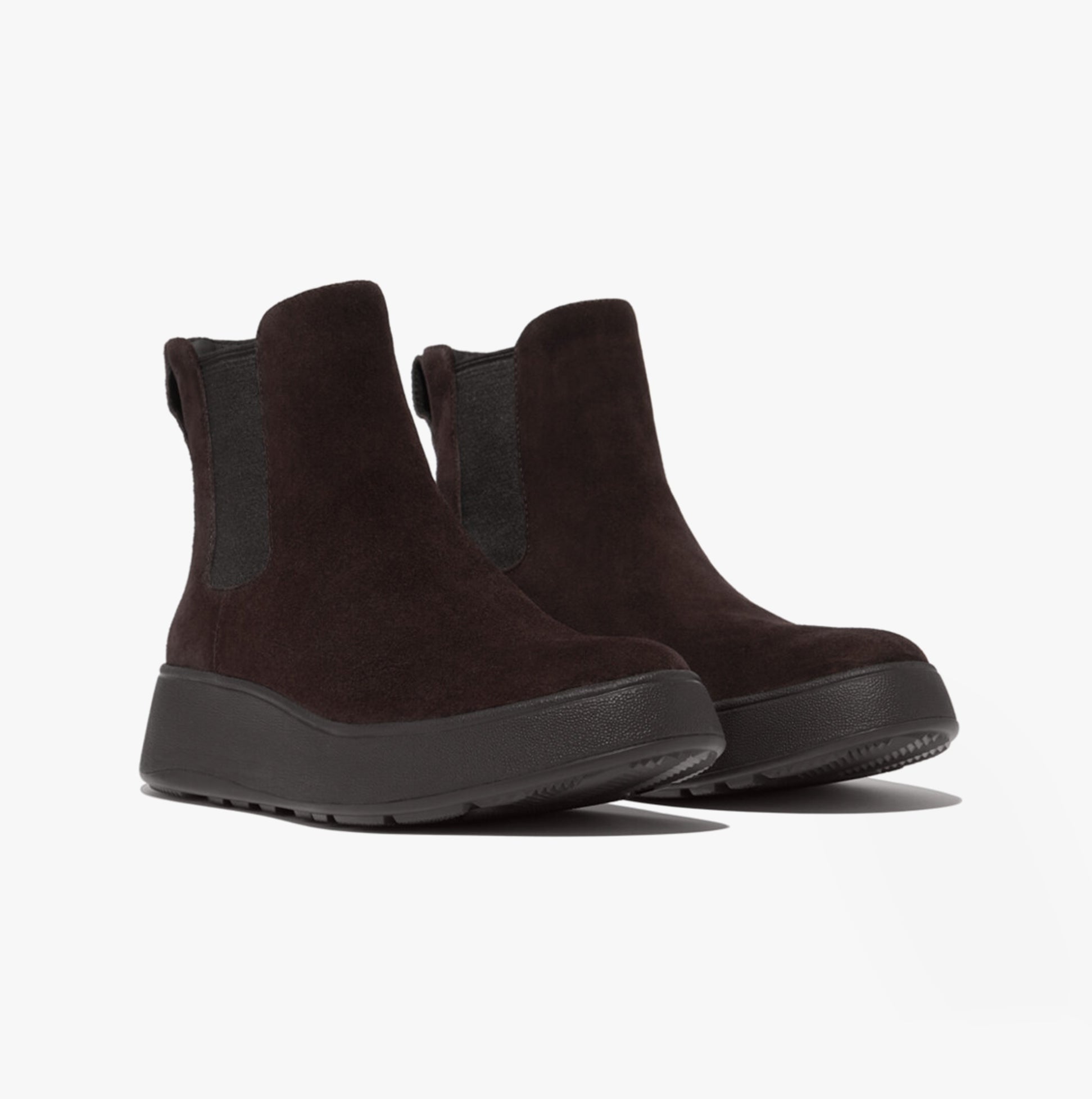 FitFlop F-MODE SUEDE FLATFORM Womens Chelsea Boots Chocolate Brown, side view showcasing comfort and style.