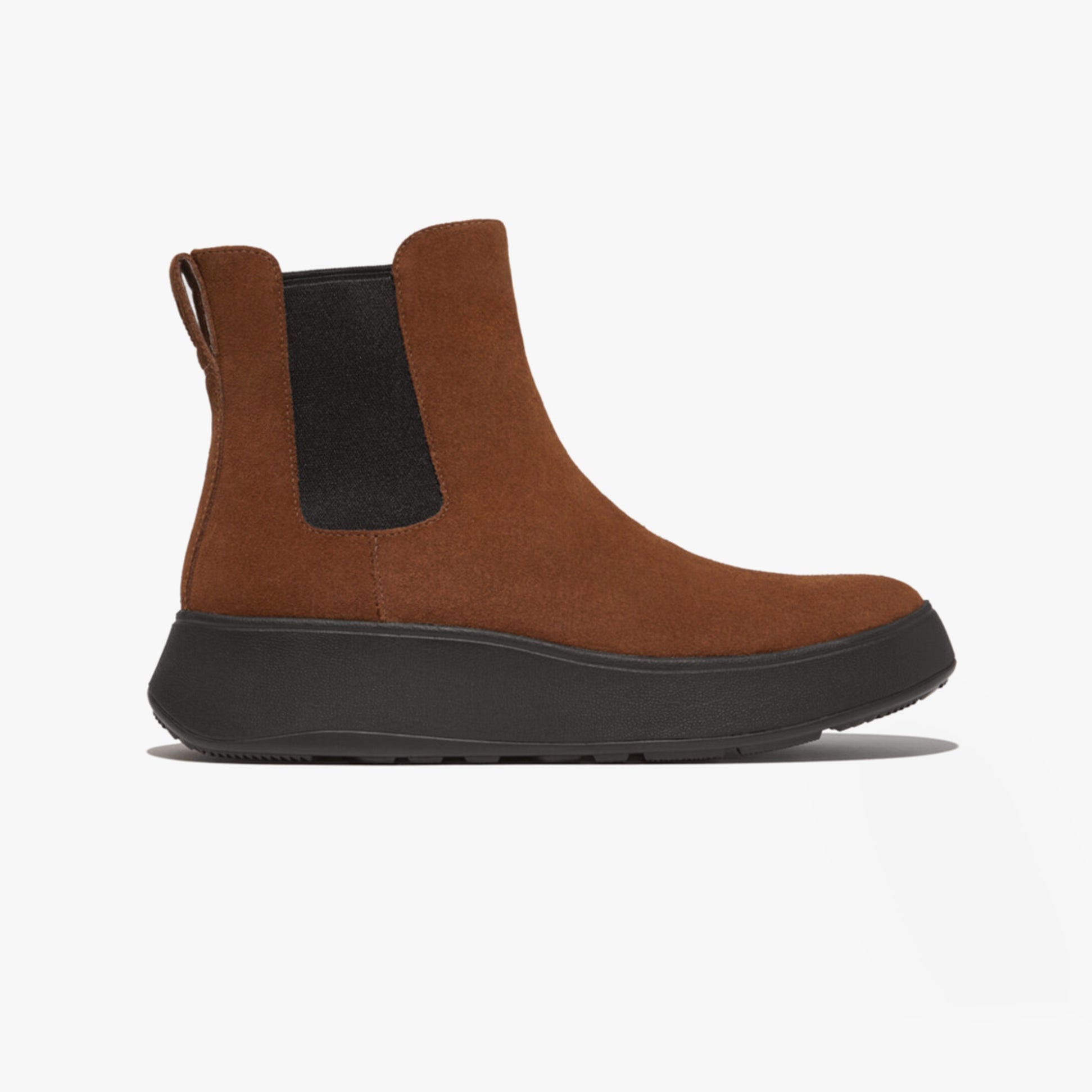 FitFlop F-MODE SUEDE FLATFORM Womens Chelsea Boots Rich Brown side view showcasing suede upper and platform sole.