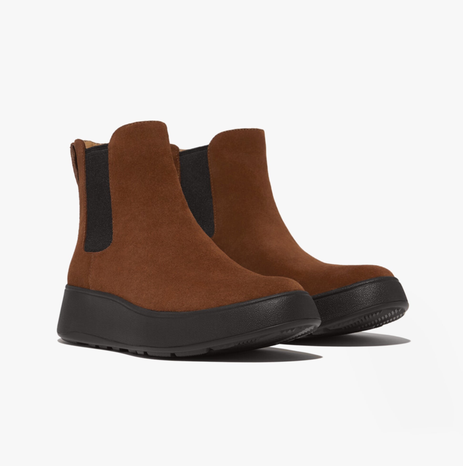 FitFlop F-MODE SUEDE FLATFORM Womens Chelsea Boots Rich Brown side view showcasing suede upper and elasticated side panels.