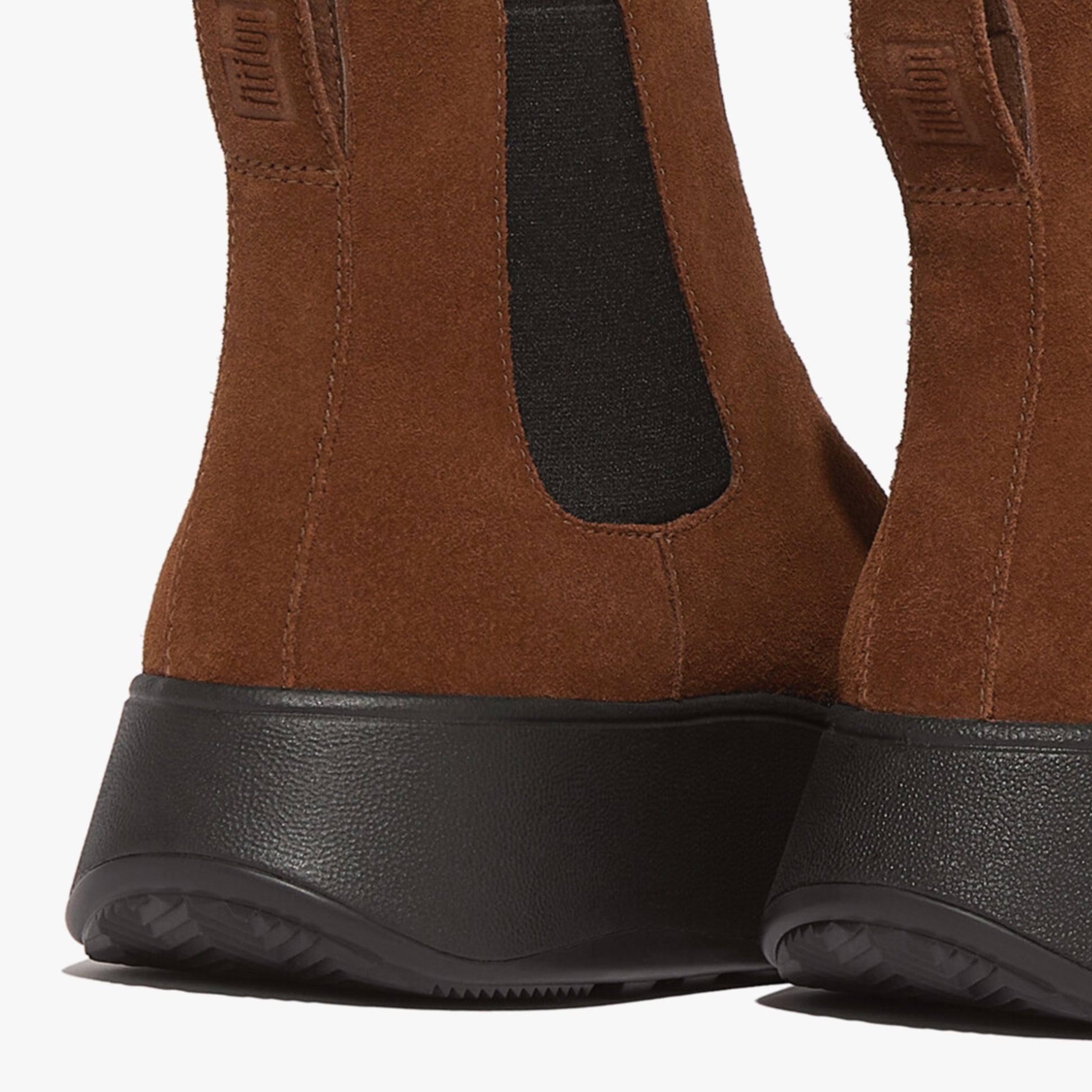 FitFlop F-MODE SUEDE FLATFORM Womens Chelsea Boots Rich Brown side view showcasing the suede upper and platform sole.