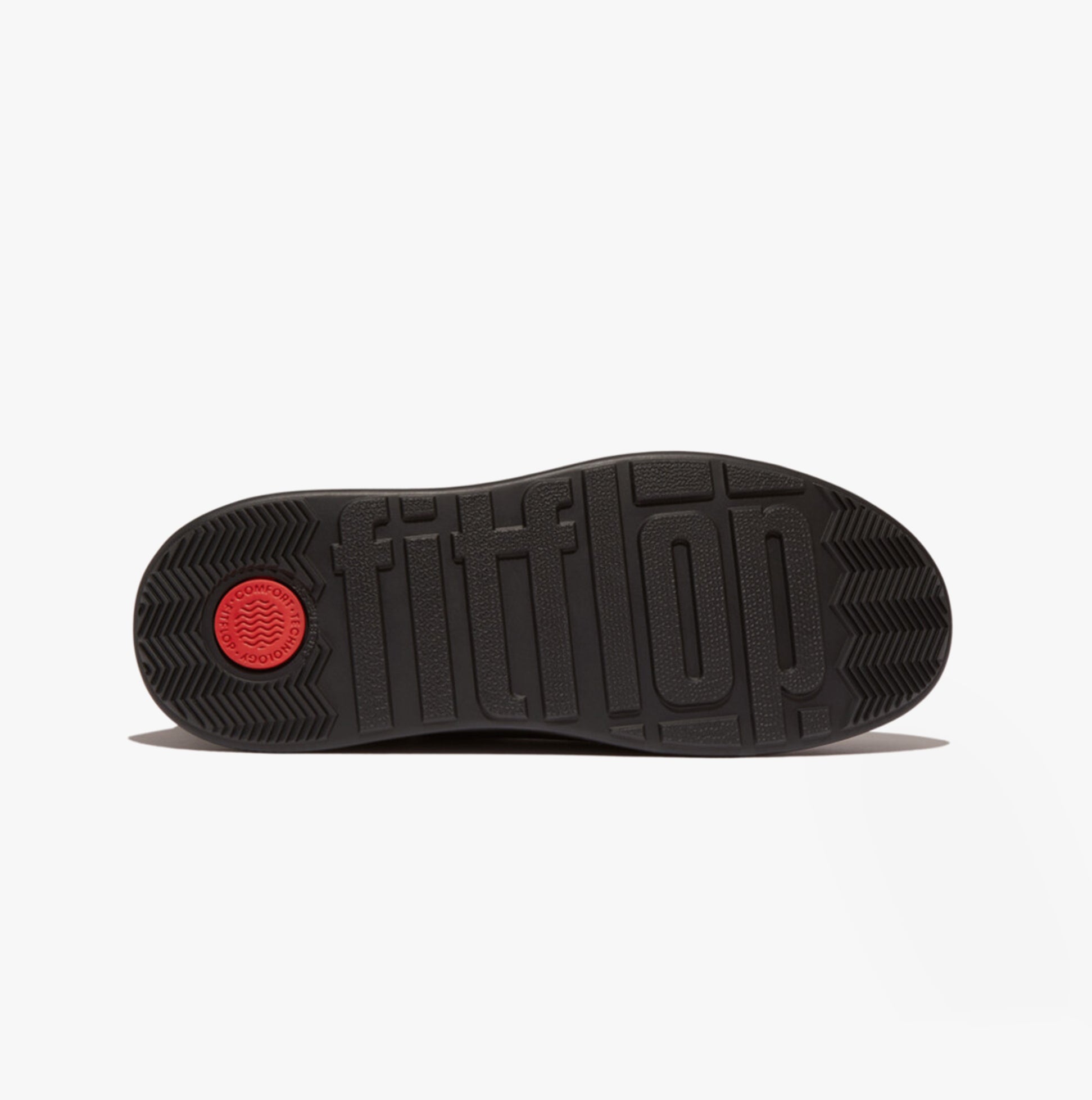 FitFlop F-MODE SUEDE FLATFORM Womens Chelsea Boots Rich Brown sole view with textured rubber and red logo.